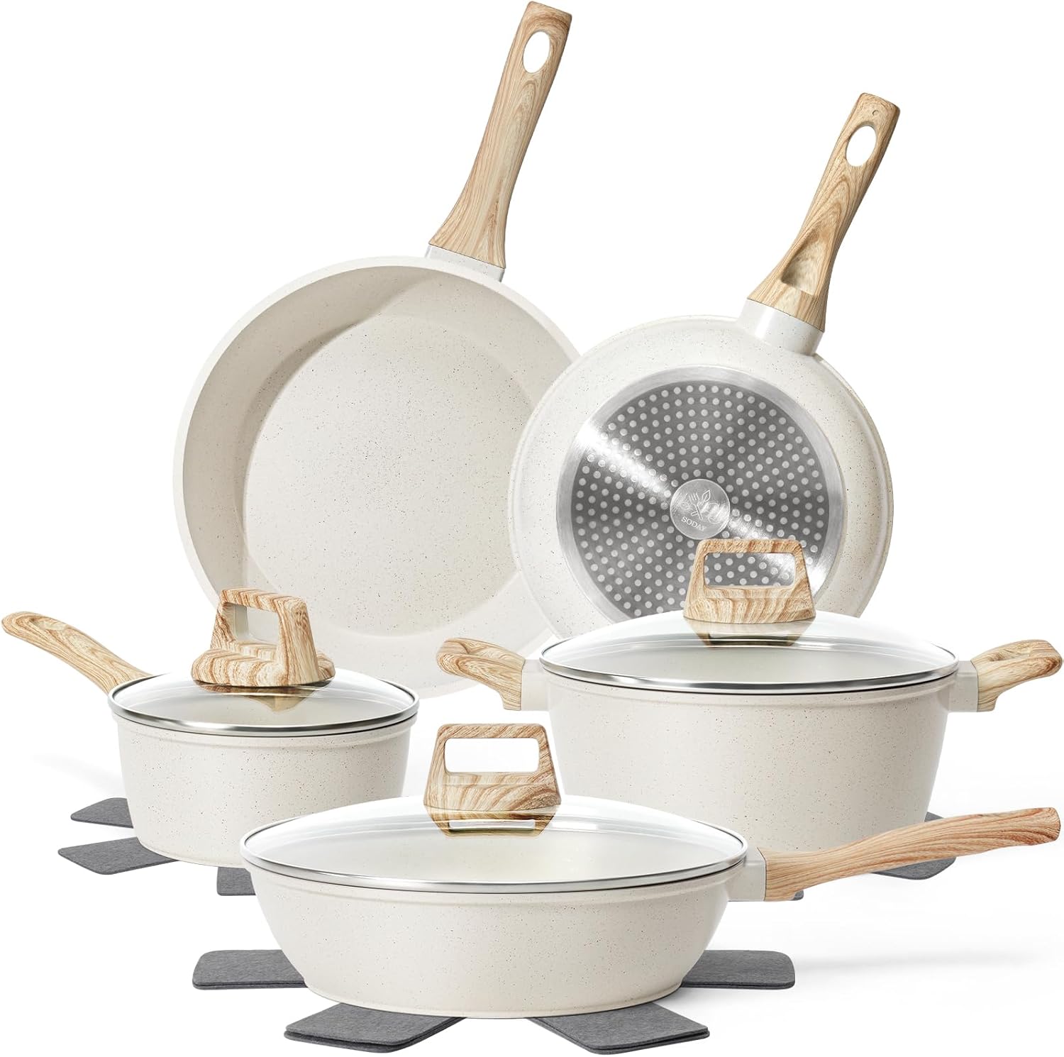 12 Pcs Pots and Pans Set Non Stick, Cookware Sets White Granite Induction Cookware, Non-toxic Healthy Nonstick Kitchen Cooking Set with Frying Pans Set, Saucepans (PFAS/PFOA/PFOS Free)