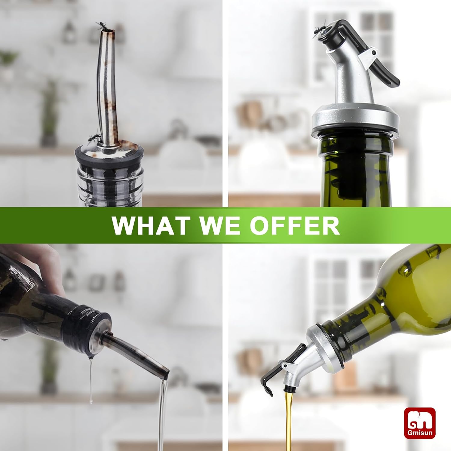 GMISUN Olive Oil Dispenser Bottle 4 Pack, Olive Oil Dispenser for Kitchen 17oz, Glass Cooking Soy Sauce Bottle Container Cruet with Plastic Pourer Spout, Green