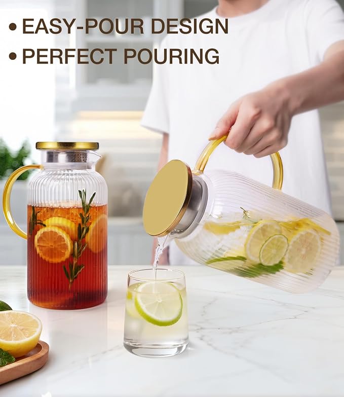 2 PACK Glass Pitcher with Lid 64 oz, Classic Vertical Stripes Pitcher with Lid - Image 2