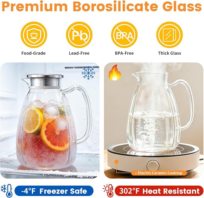 Glass Pitcher with Lid and Handle, 2.2L Borosilicate Glass Water Carafe - Image 3