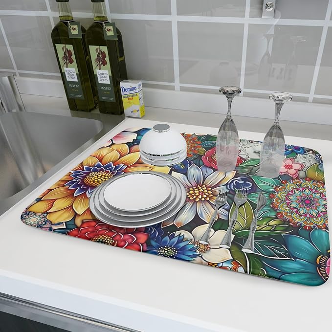 Boho Floral Dish Drying Mat for Kitchen Counter 16x18 Inch Boho Blooming Flower - Image 6