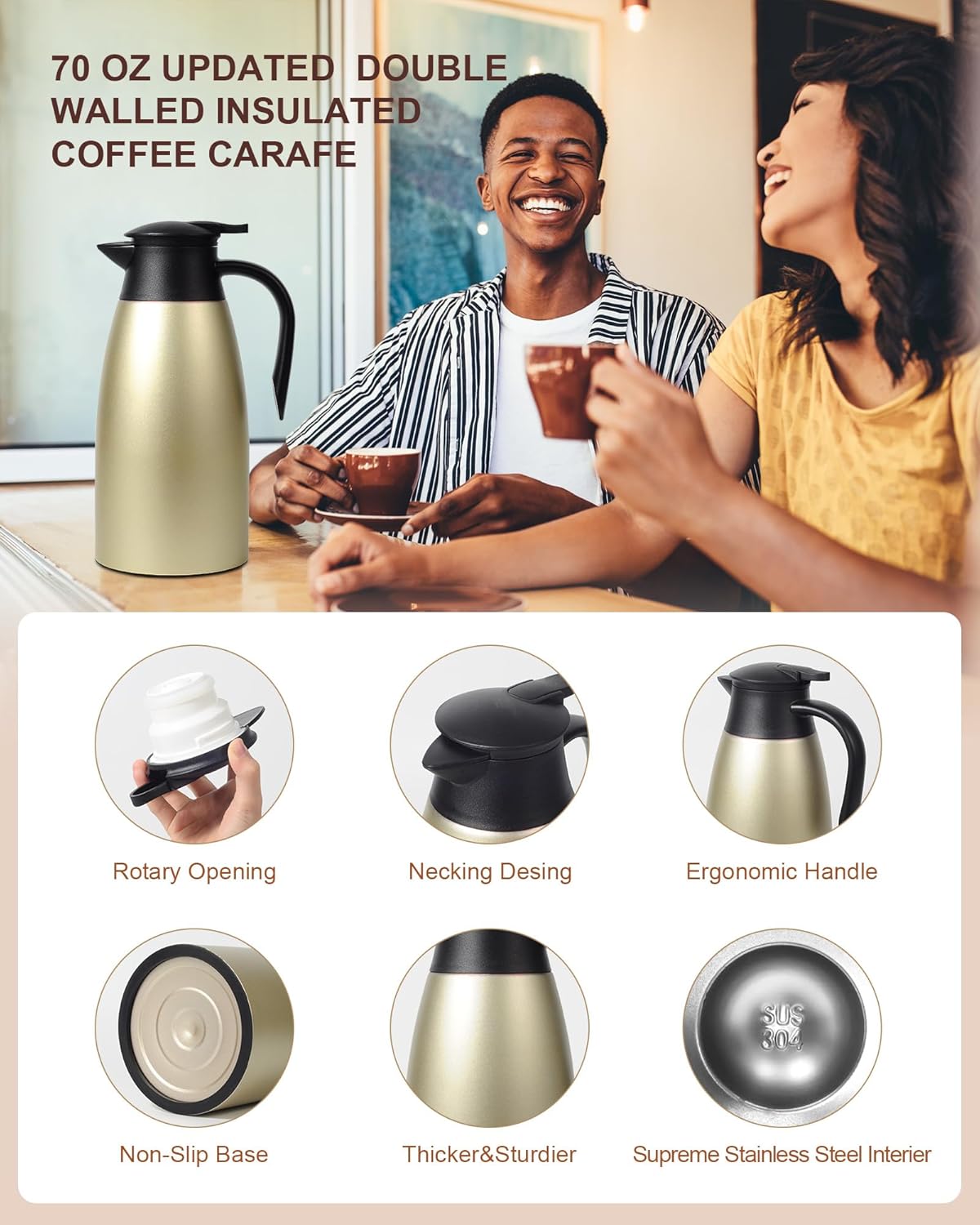 Updated 70 Oz Thermal Coffee Carafe, 2.1L nsulated Stainless Steel Coffee Carafes for Keeping Hot Coffee & Tea Hot Beverage-12Hours, Double Walled Vacuum Coffee Carafe (Gold)