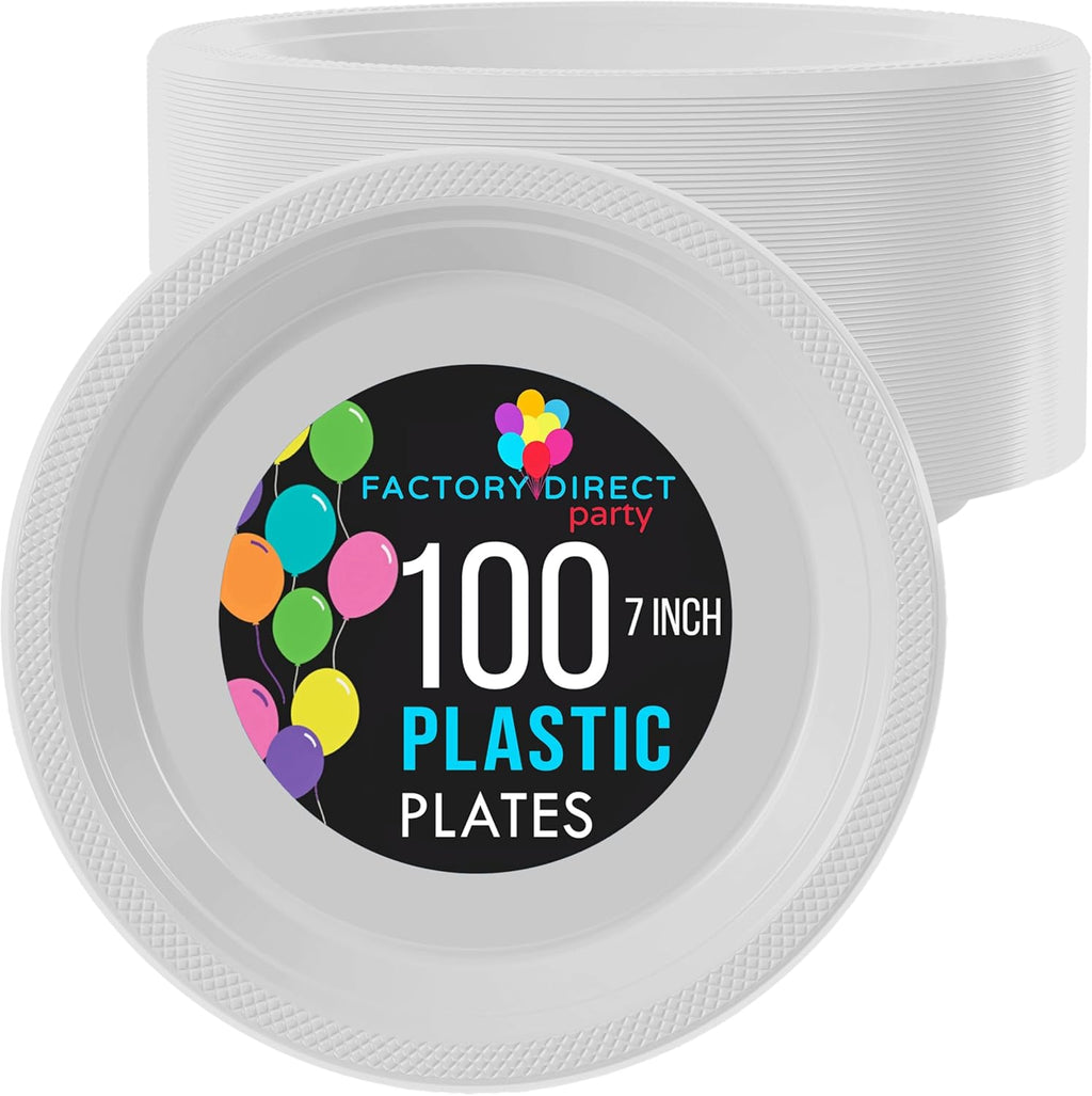 Exquisite Party Solids White Plastic Plates For Party 7" White Disposable Plates Heavy Duty Supplies 100 Pcs Plastic Dinnerware Sets Heavy Duty 350 GSM Disposable Dinnerware Set