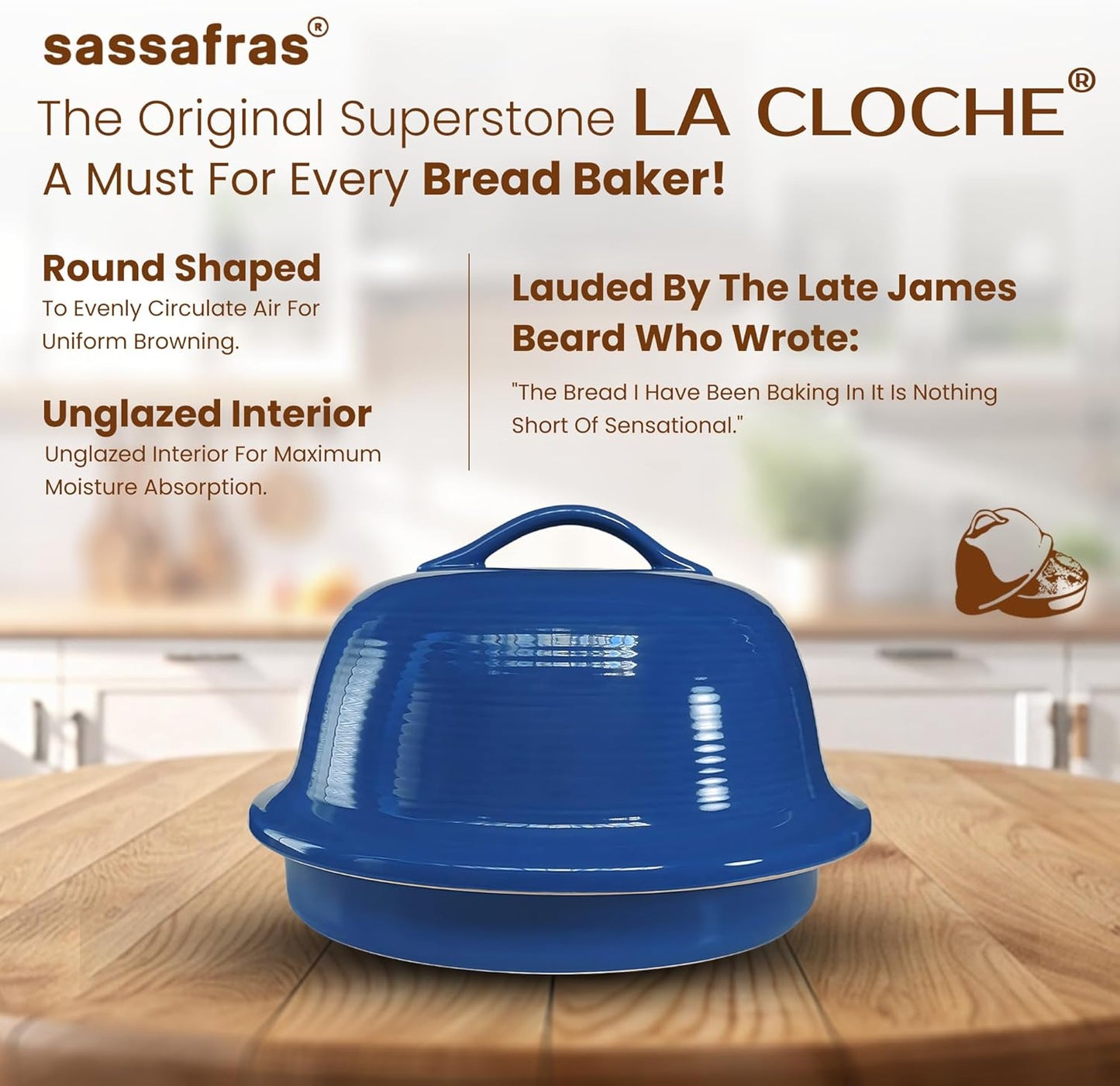 Sassafras Superstone® Stoneware La Cloche® Bread Baker with Blue Glazed Exterior and Unglazed Interior Bakes an Artisan Bread with Crusty Crust and a Light Crumb