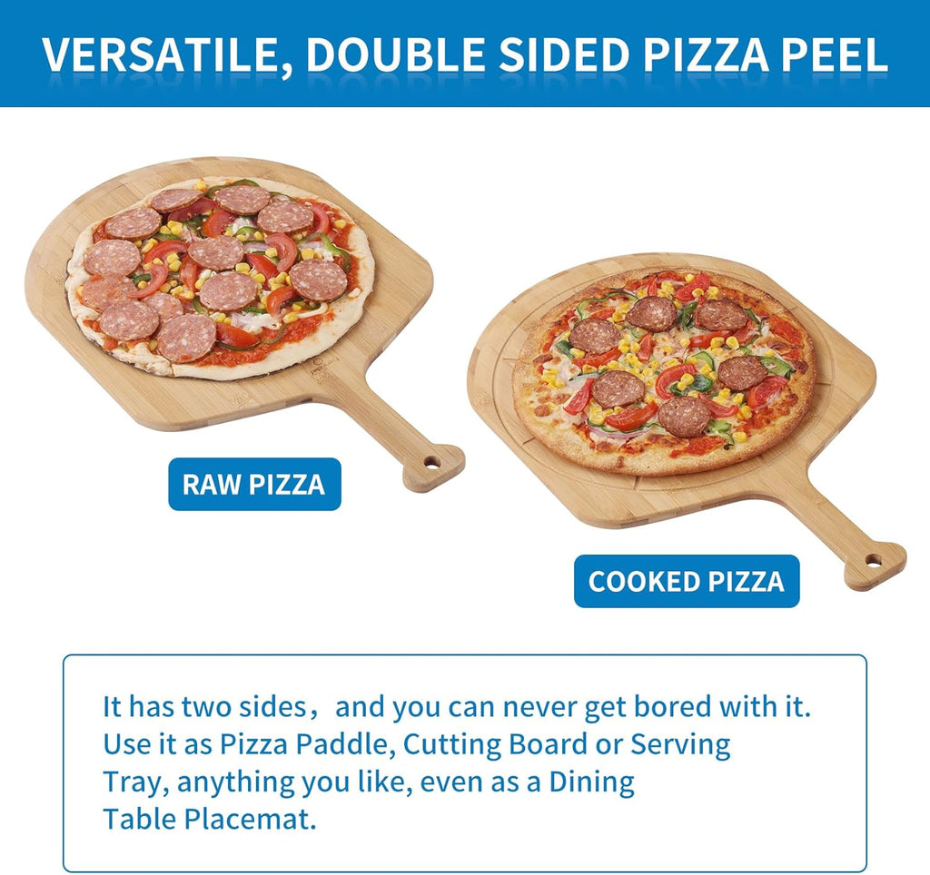 18” Bamboo Pizza Peel - Lightweight Smooth Wooden Pizza Paddle and Pizza Cutting Board with 8 Slice Grooves, Outdoor Pizza Oven Accessories, 25.6 Inch x 18 Inch