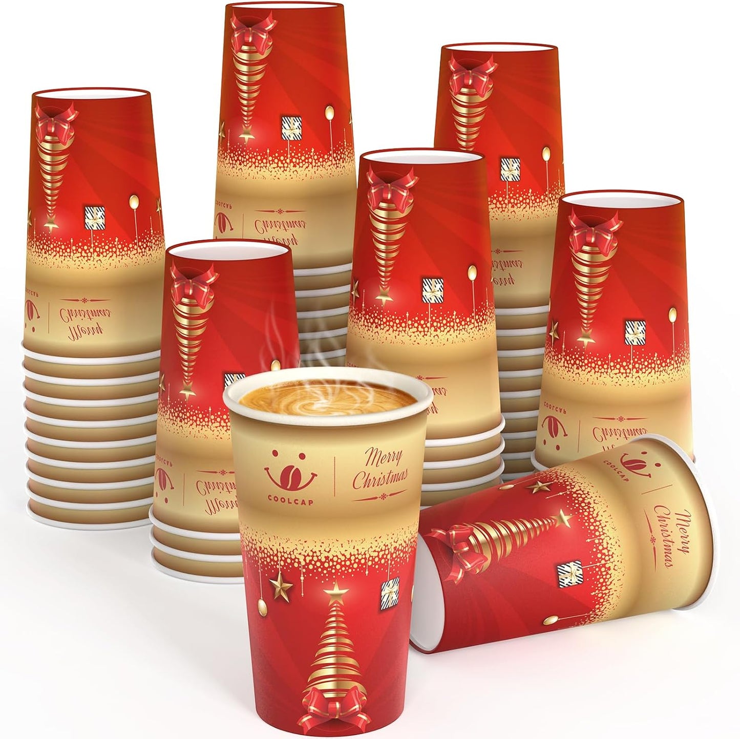 Christmas Coffee Cups, 50 Pack Party Decor, To Go Paper Hot Cups for Chocolate, Cocoa, Coffee (Red, 16 Ounce)