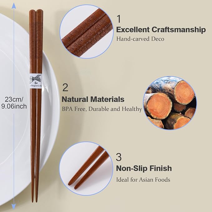 Reusable Chopsticks，GLAMFIELDS Japanese Natural Wooden 5 Pairs Hand-Carved - Image 2