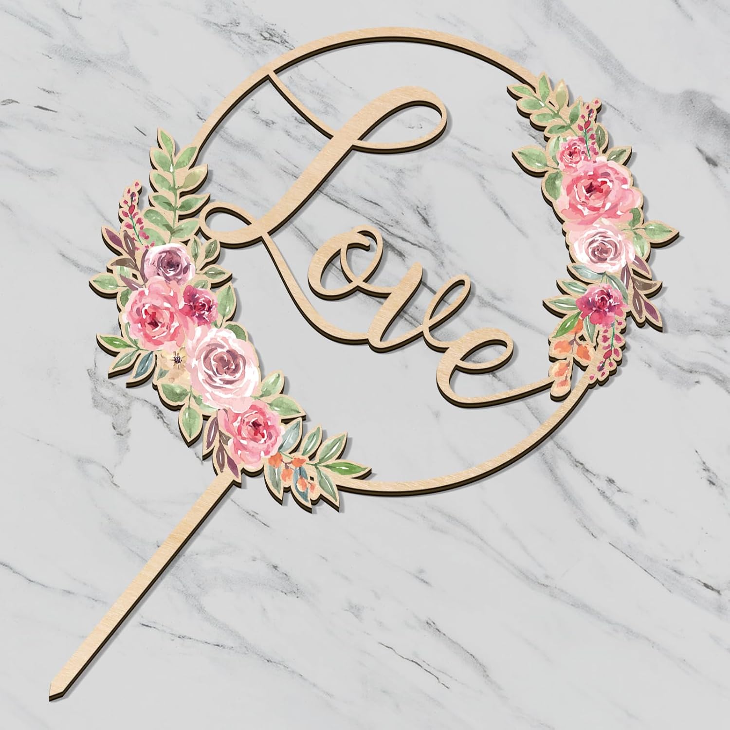 Love Wedding Cake Topper Floral Wedding Engagement Cake Decoration in Wood (Design 01)