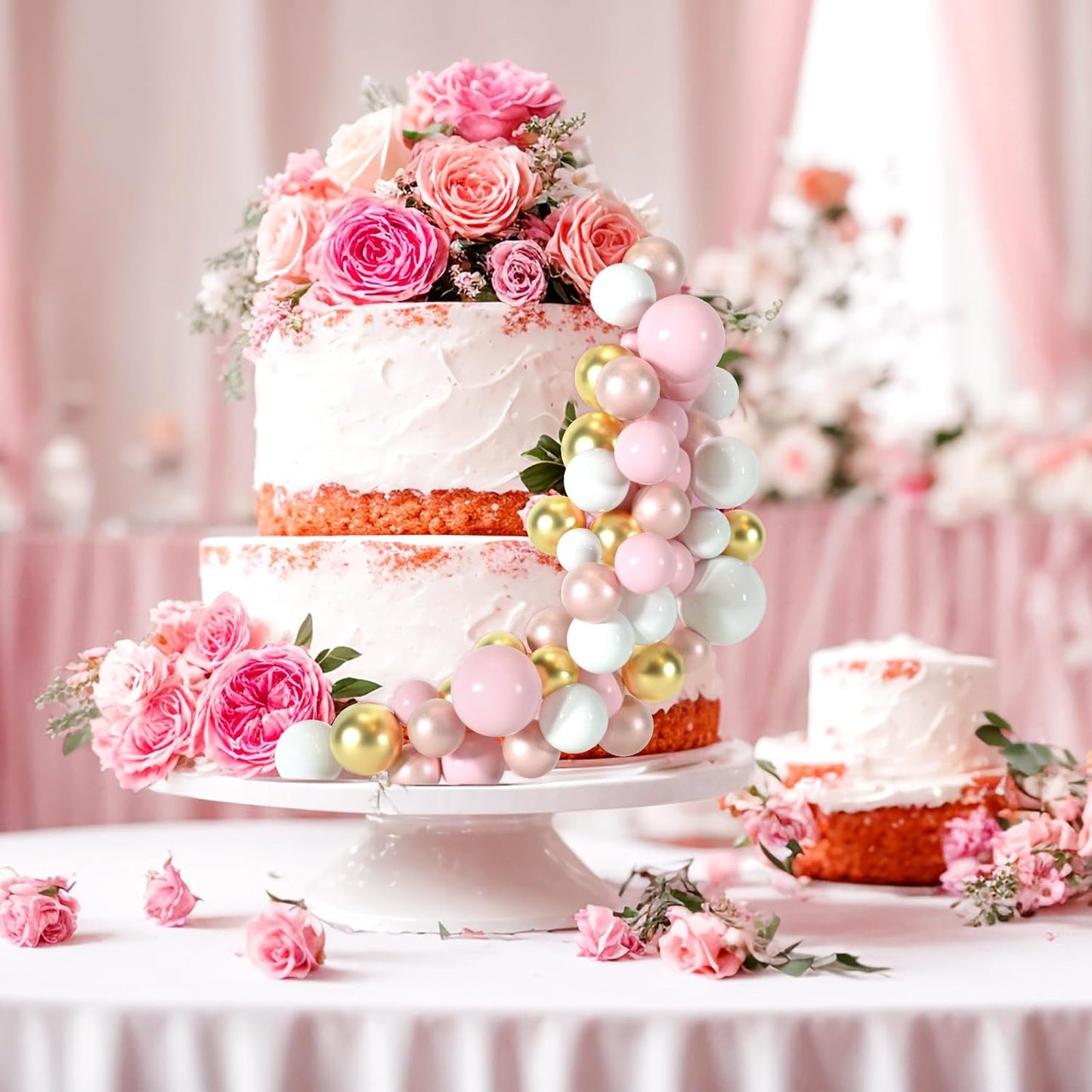 48 Pcs Cake Topper Decorations - Balloon Cupcake Toppers, Foam Balls for Birthday Party Wedding Cake Decorating (Rose Gold, Pink, White, Gold)