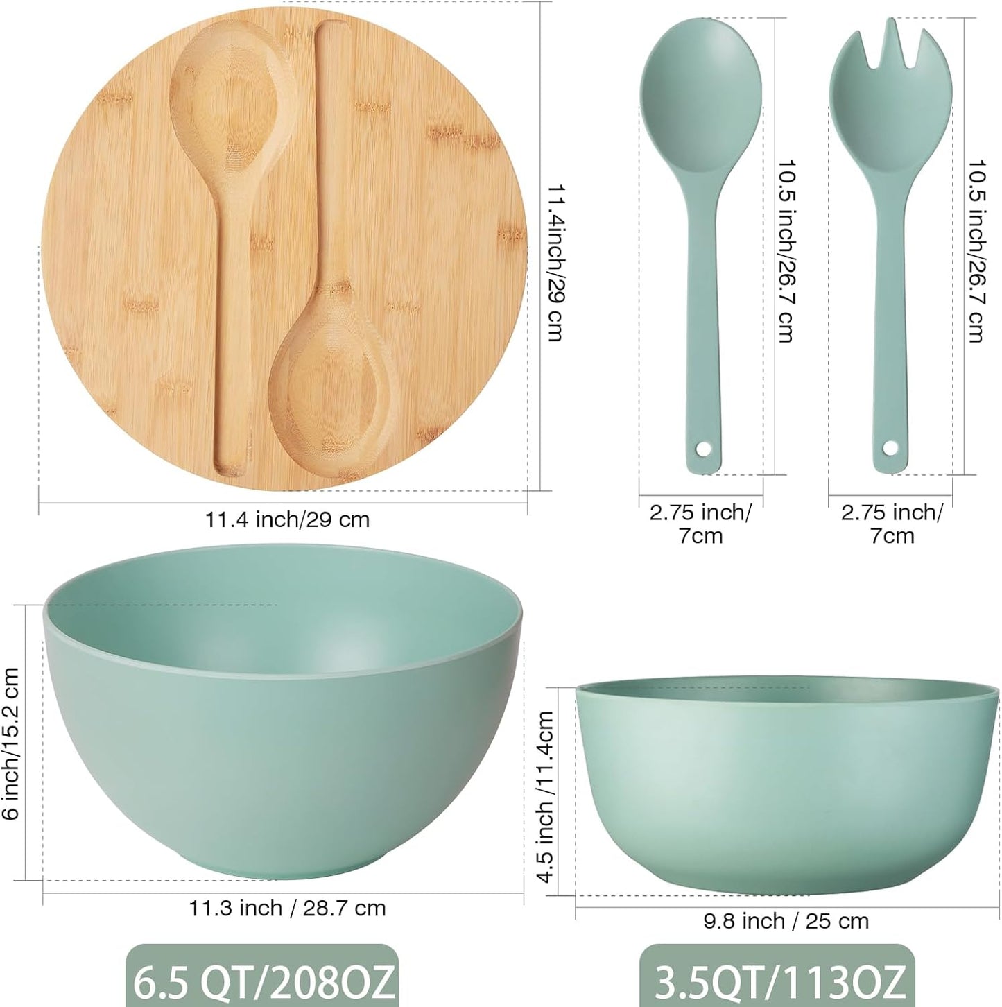 11.3" Extra Large Salad Bowl with Wooden Lid & Servers, 208Oz, Oversized Bamboo Fiber Salad Serving Set with Utensils for Home/Kitchen, Big Lightweight Bowl for Mixing Salad,Fruit,Pasta - Turquoise