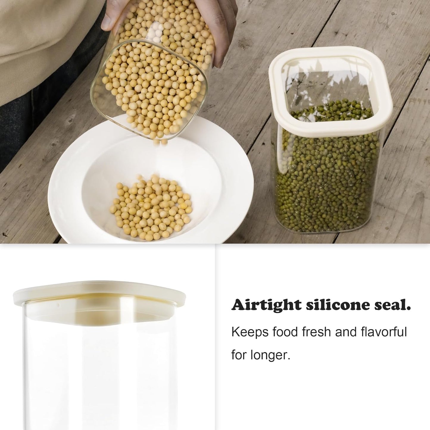 4pcs 40oz Square Pantry Glass Jars with Clear Airtight Lids Kitchen Canisters Sets for Flour, Sugar Refrigerator Safe, Patent Approved