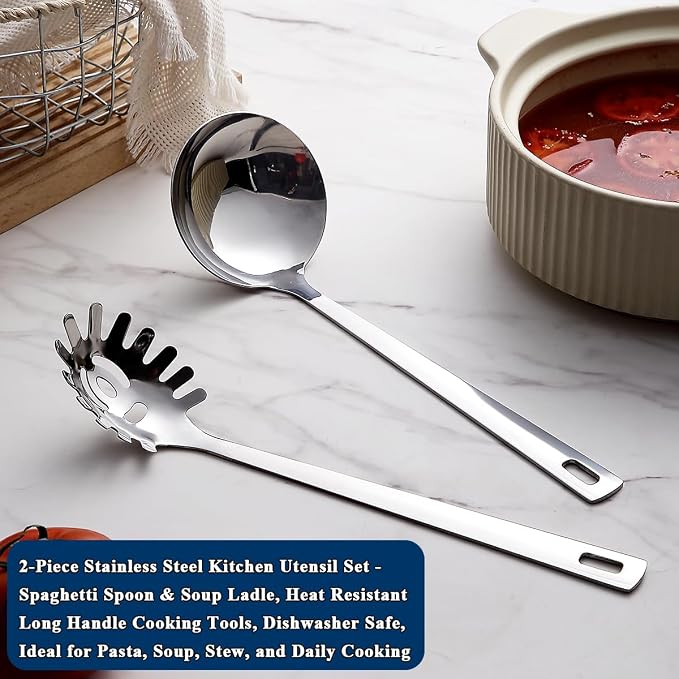 Berglander Kitchen Ladle Spoon and Spaghetti Spoon Set 2 pieces, Pasta Spoon - Image 3