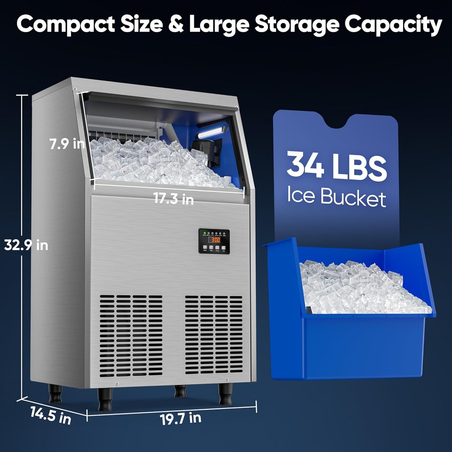 Commercial Ice Maker Machine, 100LBS/24H Stainless Steel Under Counter Ice Maker with 34LBS Ice Bin, Freestanding Ice Machine for Restaurant, Home, Bar, Office, School, Party