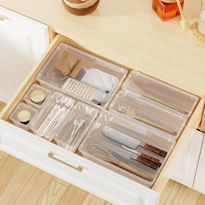 WOWBOX 8 PCS Clear Plastic Drawer Organizer Set, 4 Sizes Desk Drawer - Image 7