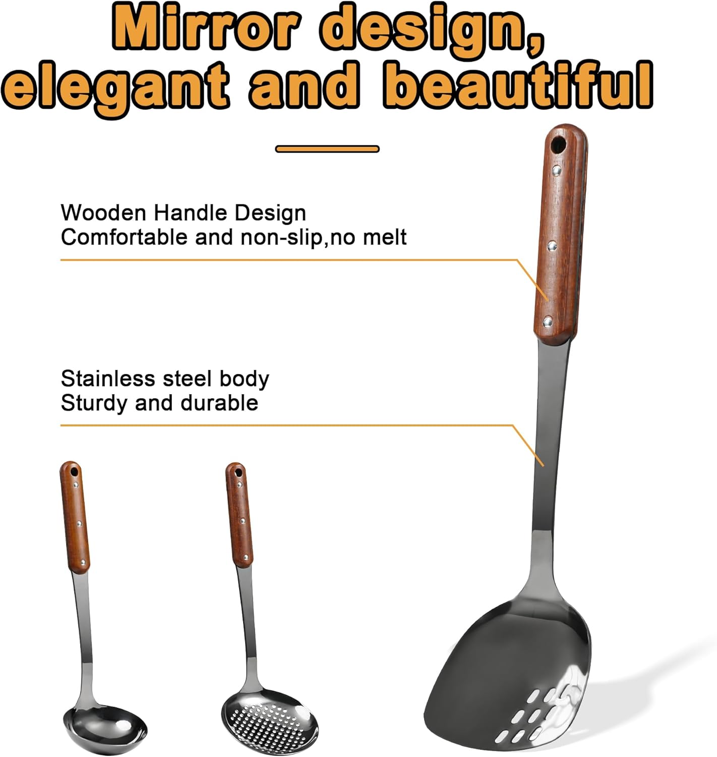 FJNATINH Stainless Steel Wok Spatula,Ladle,Skimmer Ladle Tool Set,Mirror Polished Cooking Utensils with Wooden Handle,Easy to Clean Wok Accessories,Black 3 PCS