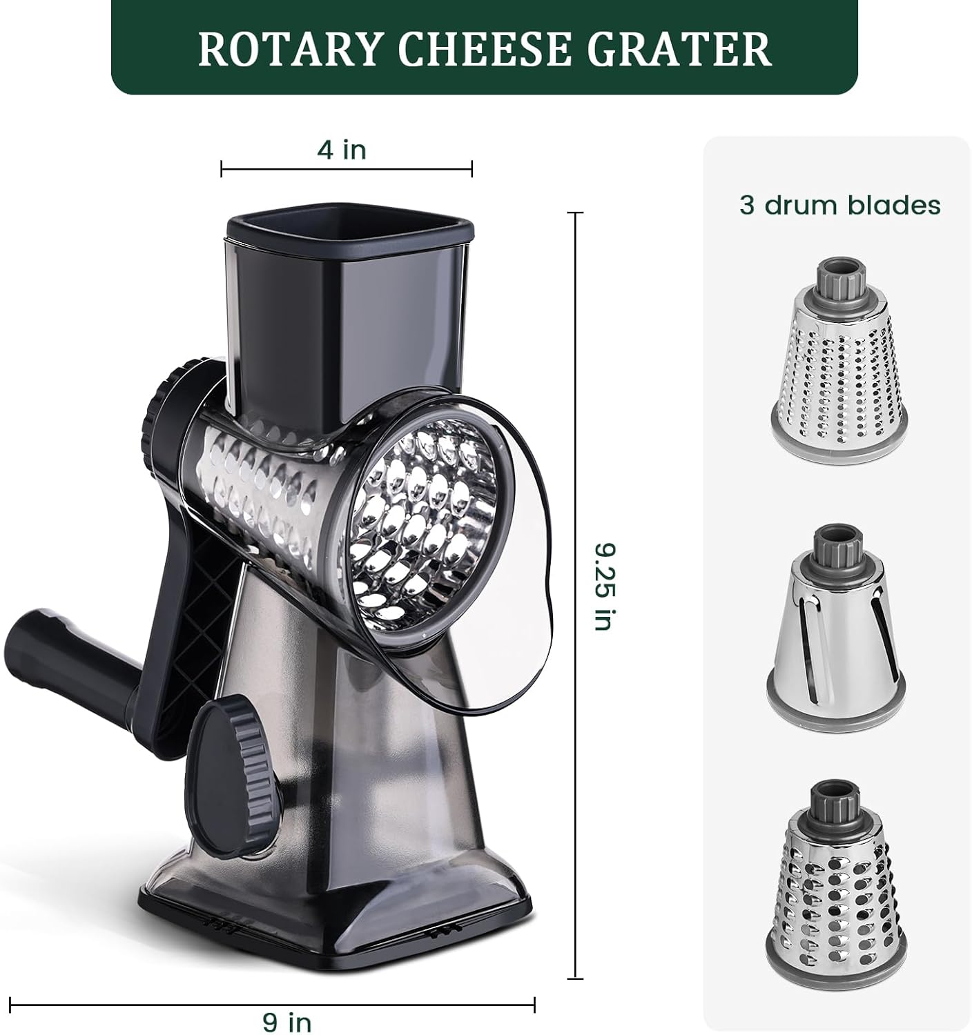 HANSGO Rotary Cheese Grater, Hand Crank Cheese Shredder, Vegetable Slicer for Kitchen, 3 Interchangeable Blades for Potatoes Carrots Onion Zucchini Nuts Chocolate Fruits, Black