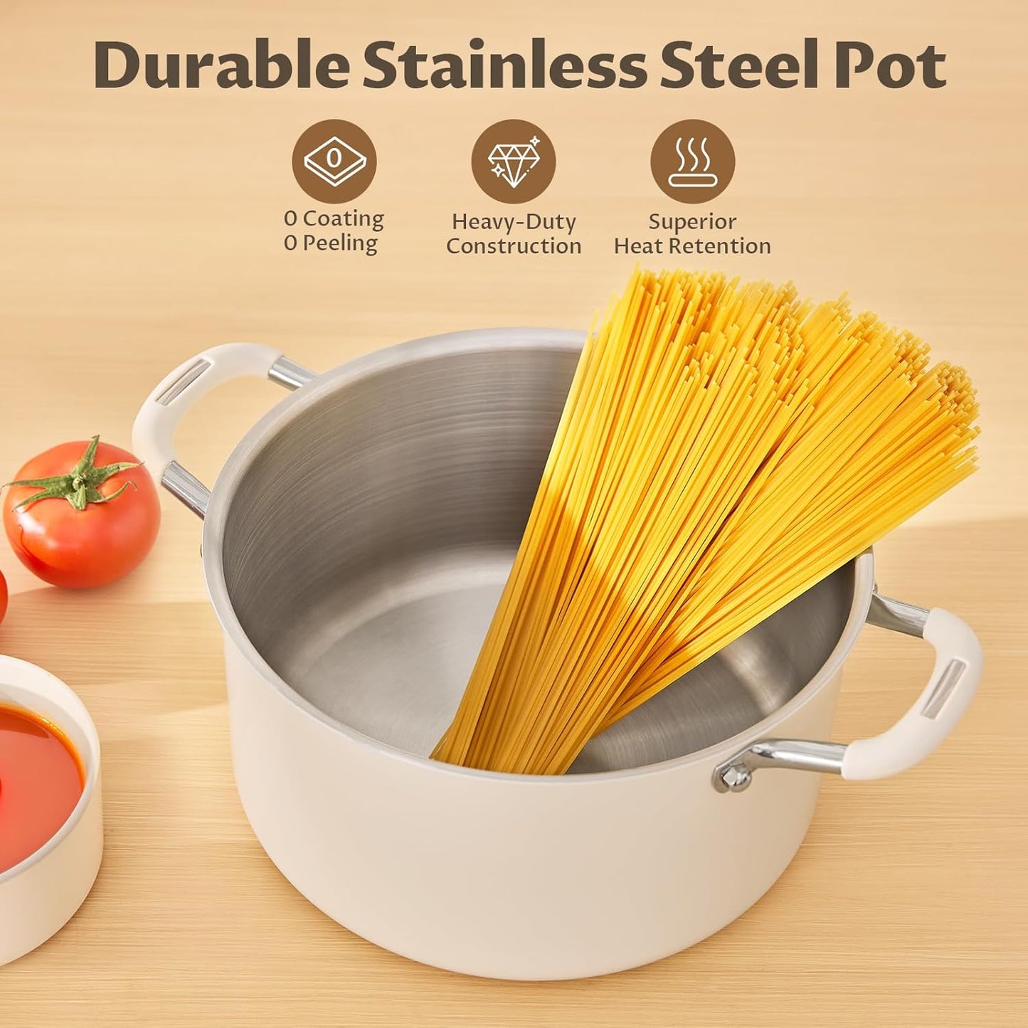 8 Quart Pot with Lid, BEZIA Tri-Ply Stainless Steel Stock Pots, Large Cooking Pots with Silicone Handle, Soup Pot for Induction Cooktop, Compatible with All Cooktops, Dishwasher Safe