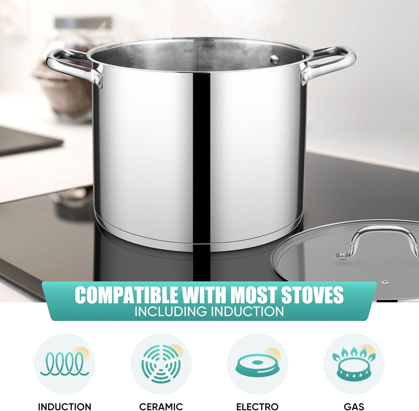 E-far 14 Quart Stainless Steel Stock Pot, Heavy Duty Induction Stockpot with Glass Lid for Cooking Soup Canning, Thick Tri-Ply Bottom & Riveted Handles, Compatible with All Stoves, Dishwasher Safe