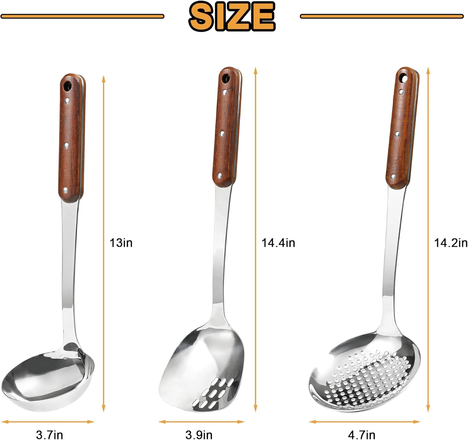 FJNATINH Stainless Steel Wok Spatula,Ladle,Skimmer Ladle Tool Set,Mirror Polished Cooking Utensils with Wooden Handle,Easy to Clean Wok Accessories,Sliver 3 PCS