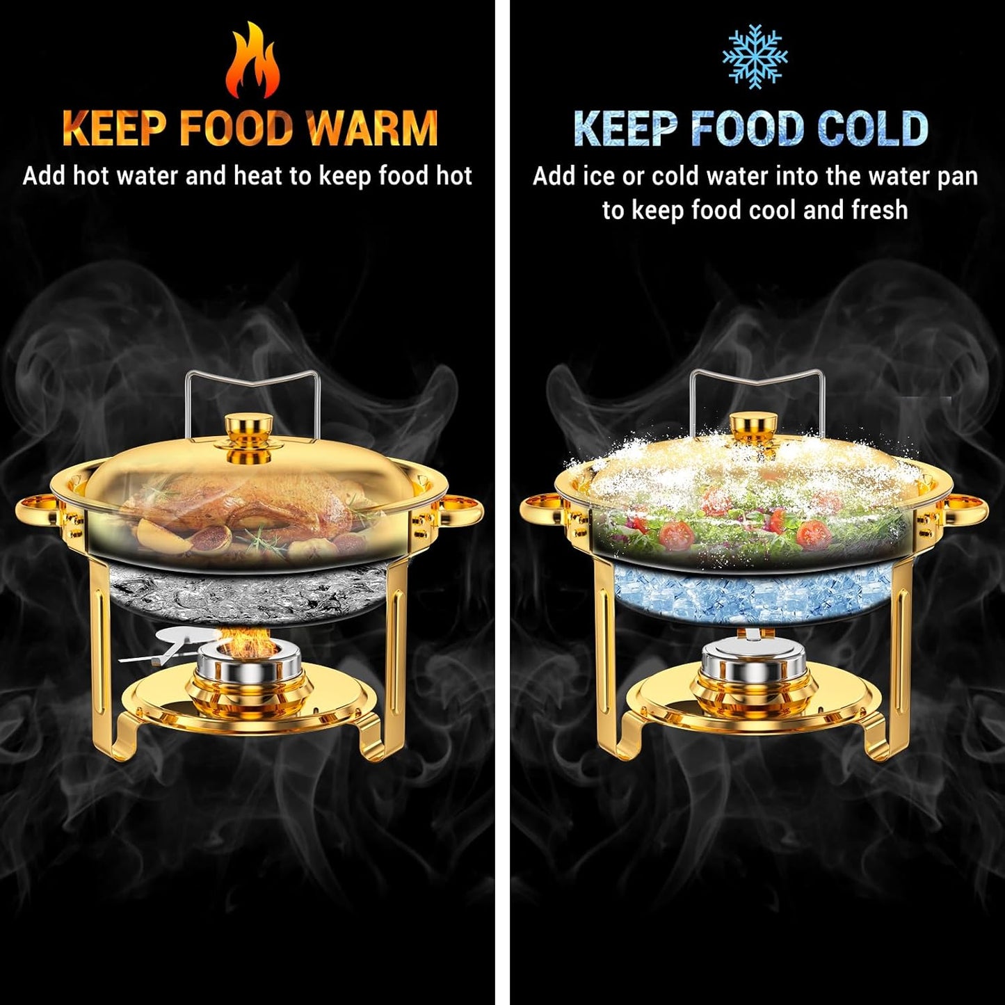 Round Chafing Dishes for Buffet 5 Qt,High Grade Chafing Dish Buffet Set with Stainless Steel Lid & Lid Holder,Full Size Pan,Food Warmers for Parties,Buffet,Wedding, Birthday 4 Pack (Gold)