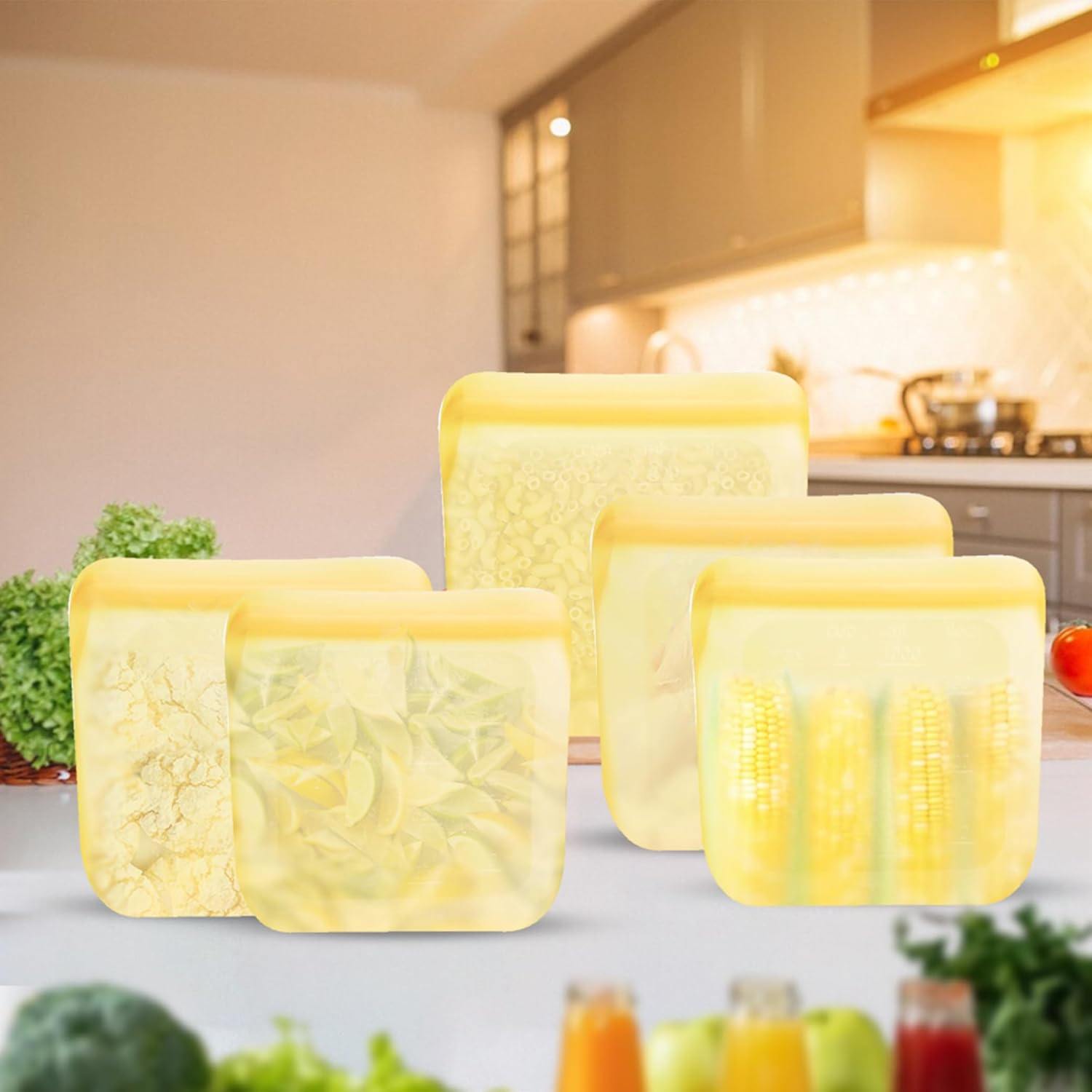 purifyou Set of 5 Reusable Silicone Storage Snack Bags 6oz / 16oz / 32oz / 64oz Self-Seal Food Storage Container for Fruits, Vegetables, Sandwiches, Dishwasher Safe & Leak-free (PastelYellow, 32oz)