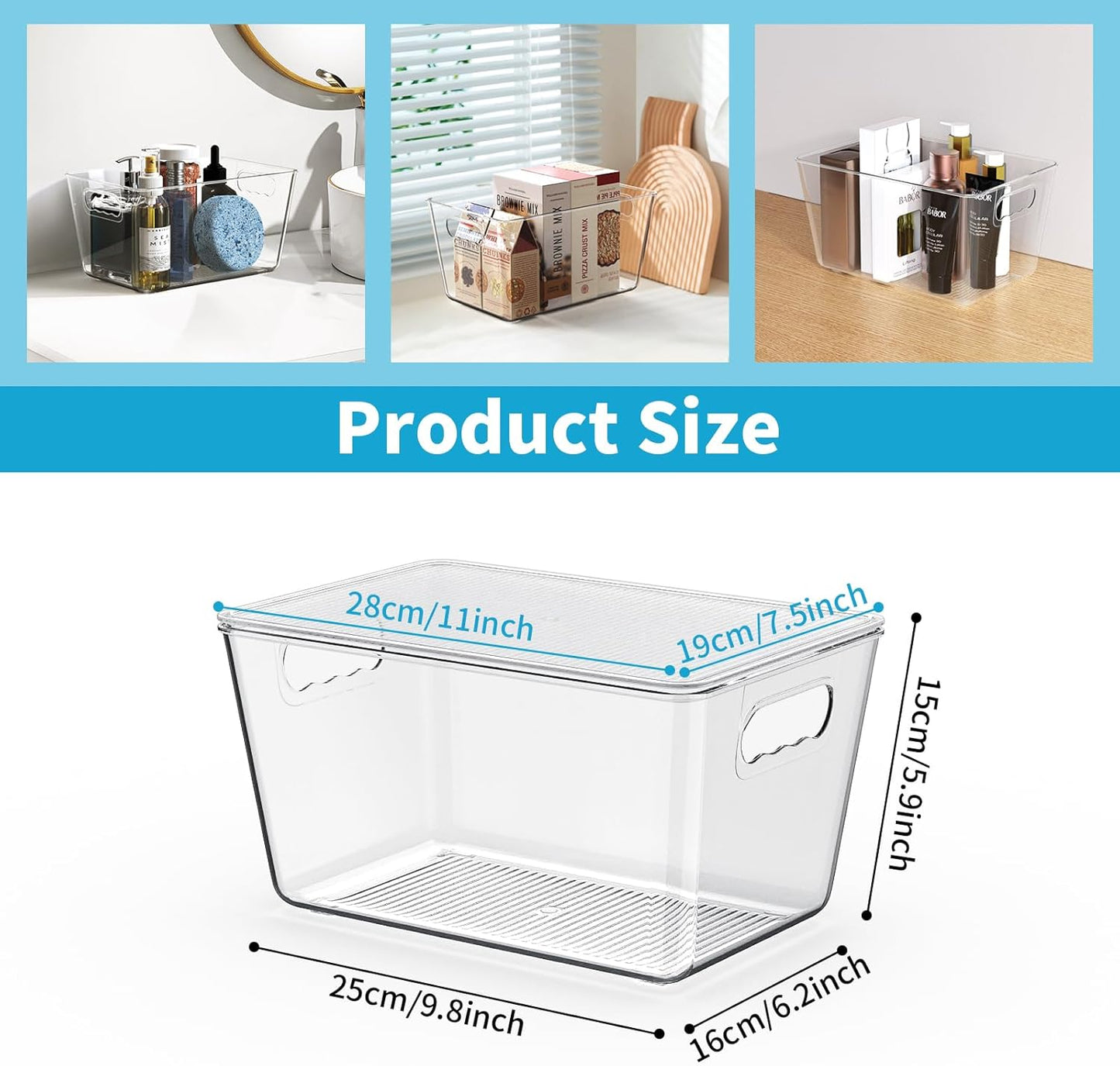 Clear Plastic Storage Bins, Pantry Organizers & Storage Containers, Cabinet Organizer, Home Organization Must Haves for Kitchen, Laundry Room, Office, Closet & Freezer (4 Pack with Lids)