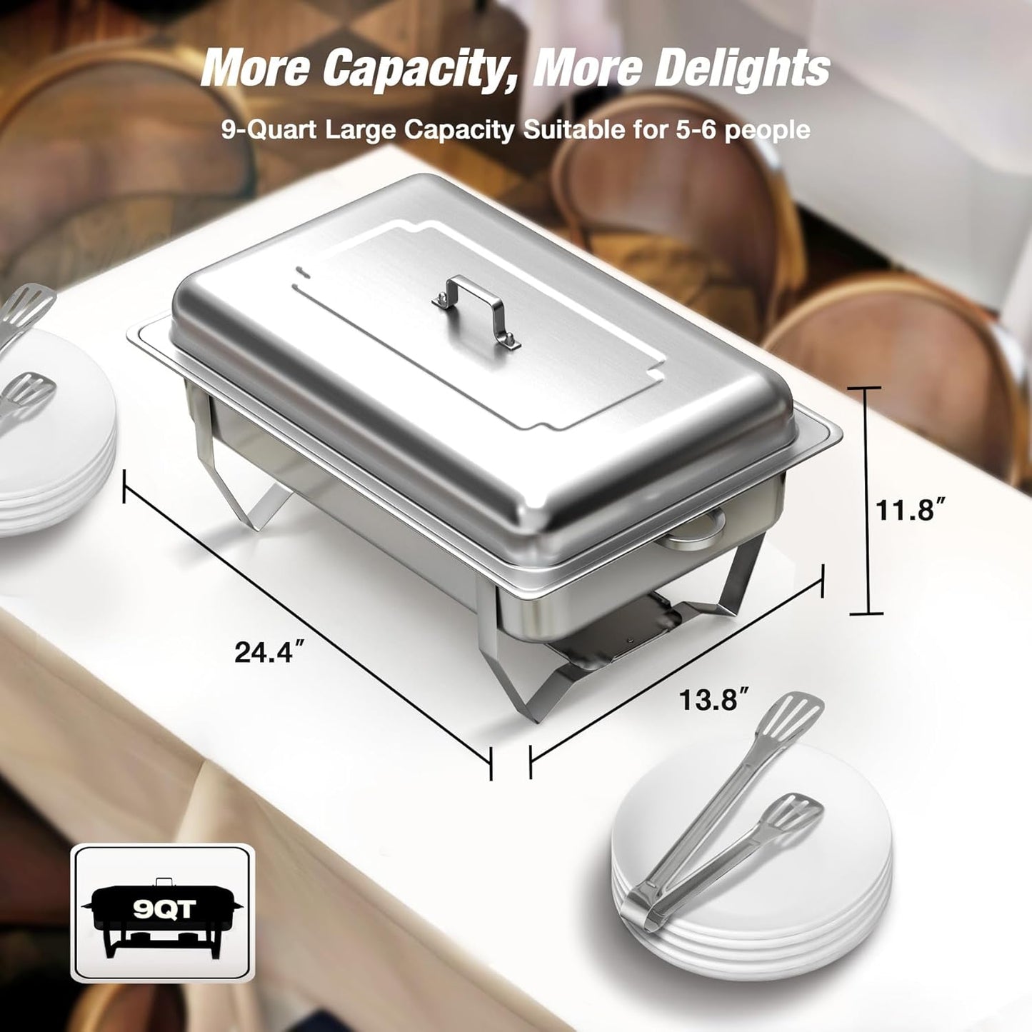 Chafing Dishes for Buffet (9QT, 6 Pack) - Easy Assembly, Food-Grade Stainless Steel Chafers for Catering w/Rolled Edge Design, Foldable Frame, for Party, Banquet (Full Size Food Pan)