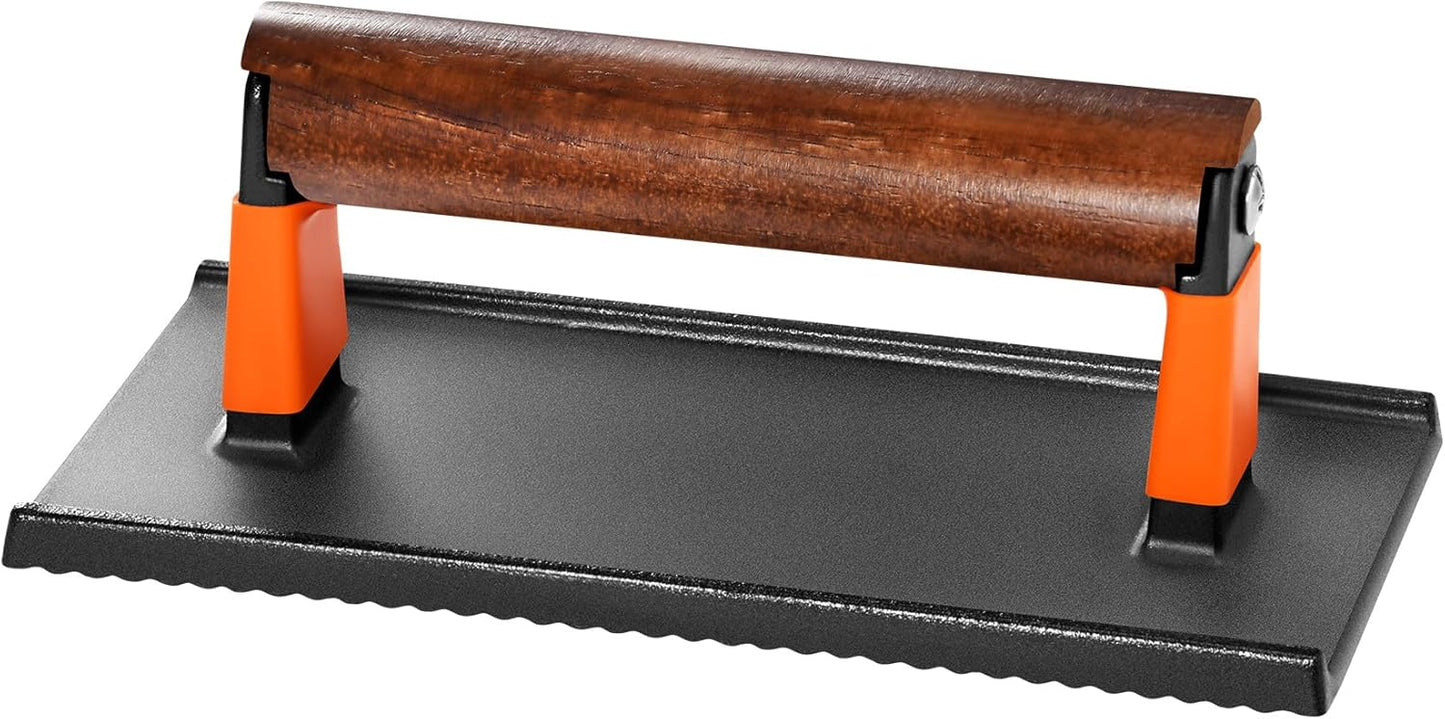 GGC Bacon Press for Griddle, Cast Iron Smash Burger Press for Hamburger, Steak, Bacon, Sandwiches, 8"x 4" Rectangle Meat Press with Wooden Handle for Grill and Griddle Cooking(10Pcs Patty Paper)