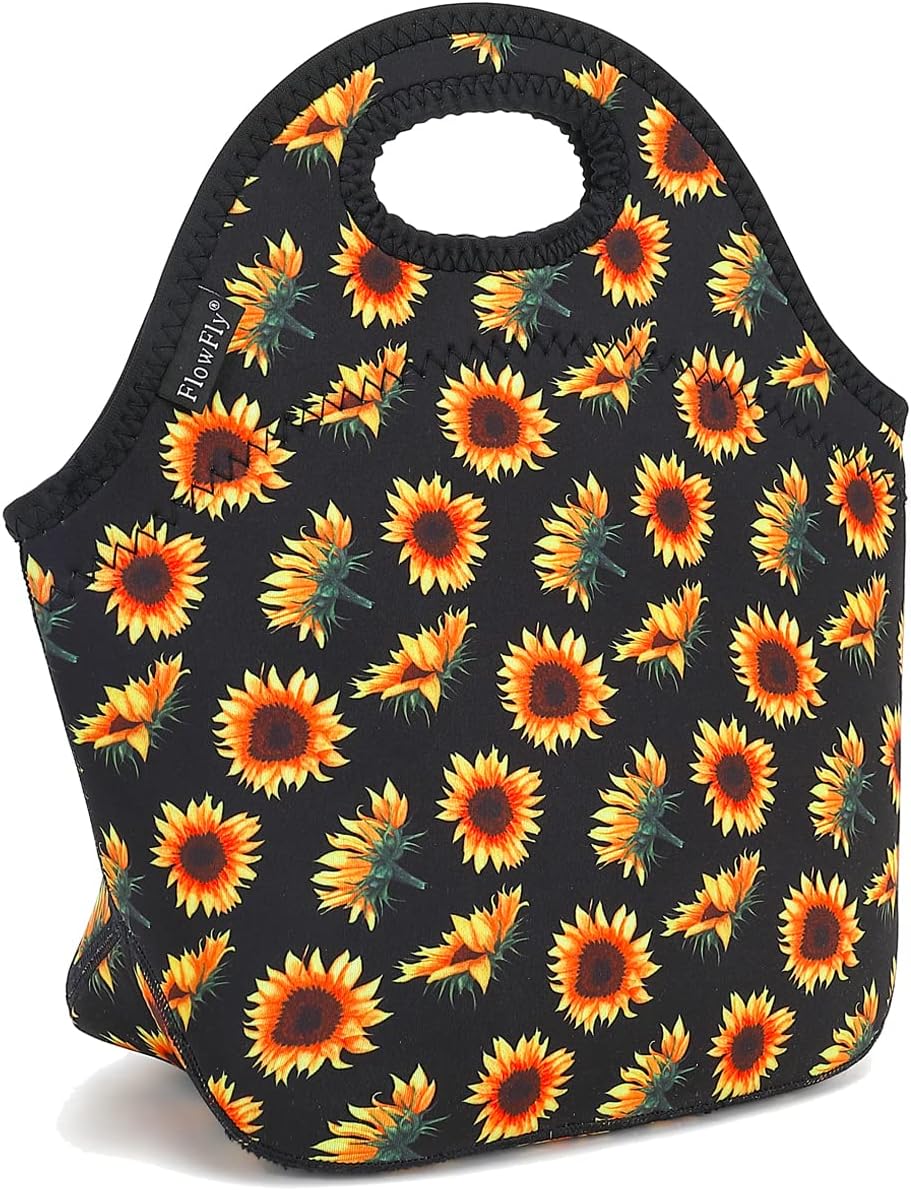 FlowFly Neoprene Lunch Tote Insulated Thermal Reusable Lunch Bag Box for Boys Men with Zipper (SunFlower)