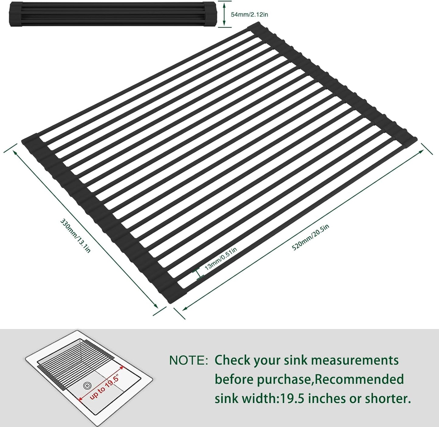 Roll Up Dish Drying Rack Over The Sink Kitchen Roll Up Sink Drying Rack Multipurpose Foldable Sink Drying Mat, Heat-Resistant, Anti-Slip & Anti-Rust Dish Rack for Kitchen, 20.5" x 13", Black