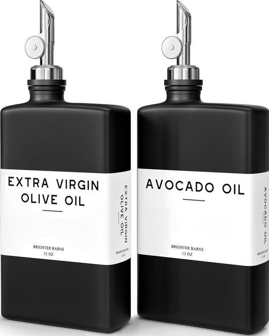 Black Glass Olive Oil Dispenser Bottle for Kitchen by Brighter Barns - Soy Sauce Dispenser, Coffee Syrup Bottle - Modern Kitchen Decor for Restaurant, Airbnb, Coffee Bar Accessories (Black, Set of 2)
