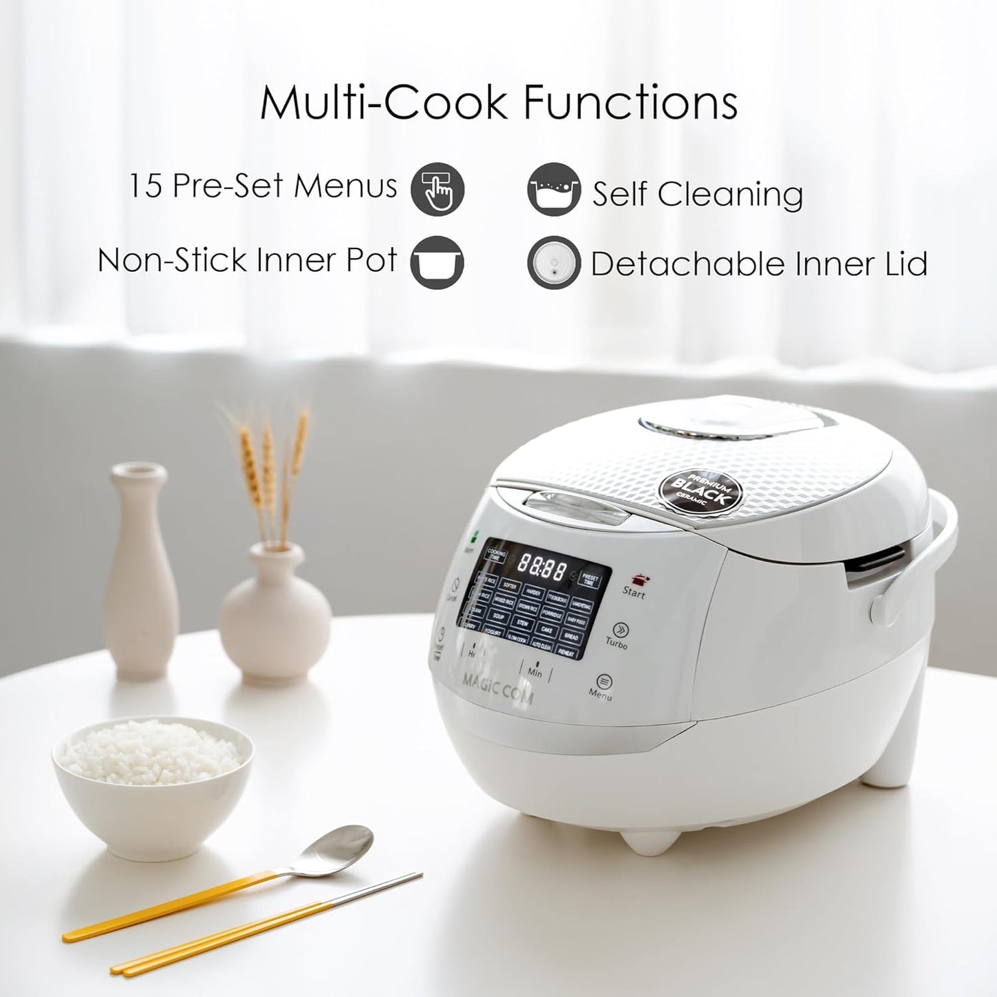 MAGiC COM Rice Cooker, 10 Cup(Uncooked) 20 Cup(Cooked) One Touch Healthy Cooking with 15 Menu Modes, Nonstick Inner Pot, Steamer Basket, Auto Clean, 24 Hour Delay Timer and Auto Keep Warm(White)