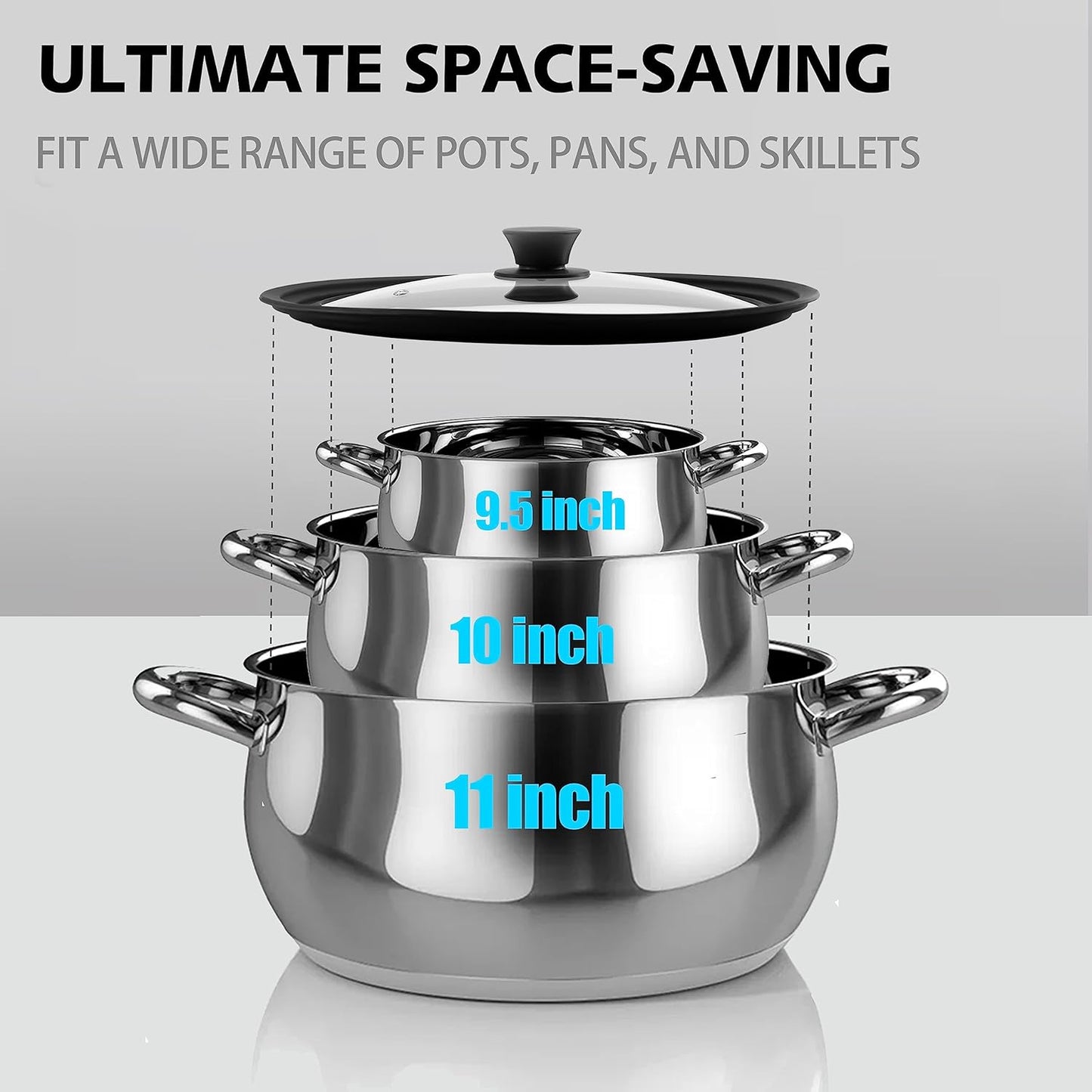 Tempered Glass Lid - Universal Lid with Heat Resistant Silicone Rim for Pots, Pans and Skillets - Pan Cover Replacement Lid Fits 9.5", 10" and 11" Diameter Cookware