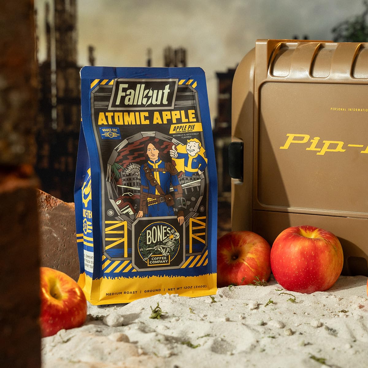 Bones Coffee Company Fallout Atomic Apple, Apple Pie Flavored Coffee, Medium Roast Low Acid Arabica Beans Compatible with Auto drip and French Press Coffee Maker, 12 Oz Whole Bean