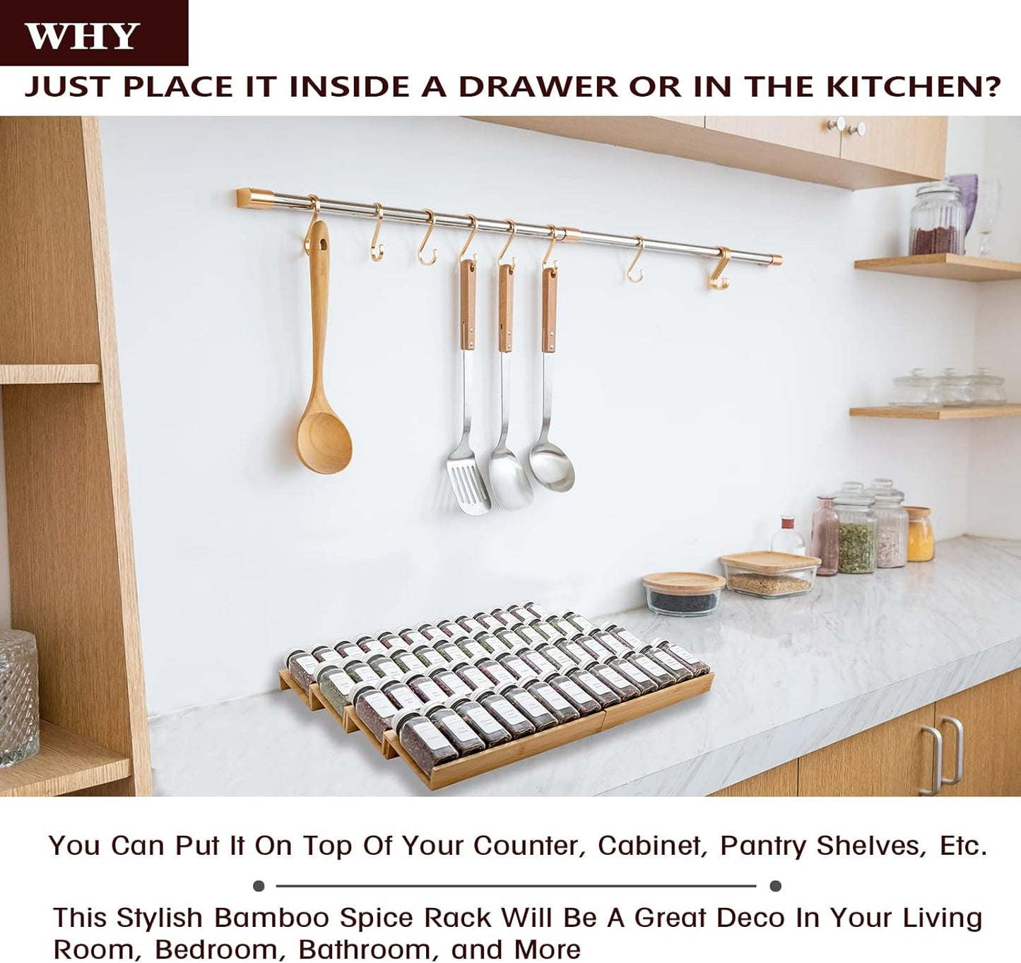 Bamboo Spice Rack Drawer Organizer - 8 Piece Set - 12" Wide, Combine Into 24" Rack (12" or 24")