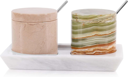 Radicaln Marble Salt Cellar With Lid and Tray 3" Inches Handmaed Verona and Green Salt Container For Kitchen Countertop, Ideal Spice Jar, Salt Bowl