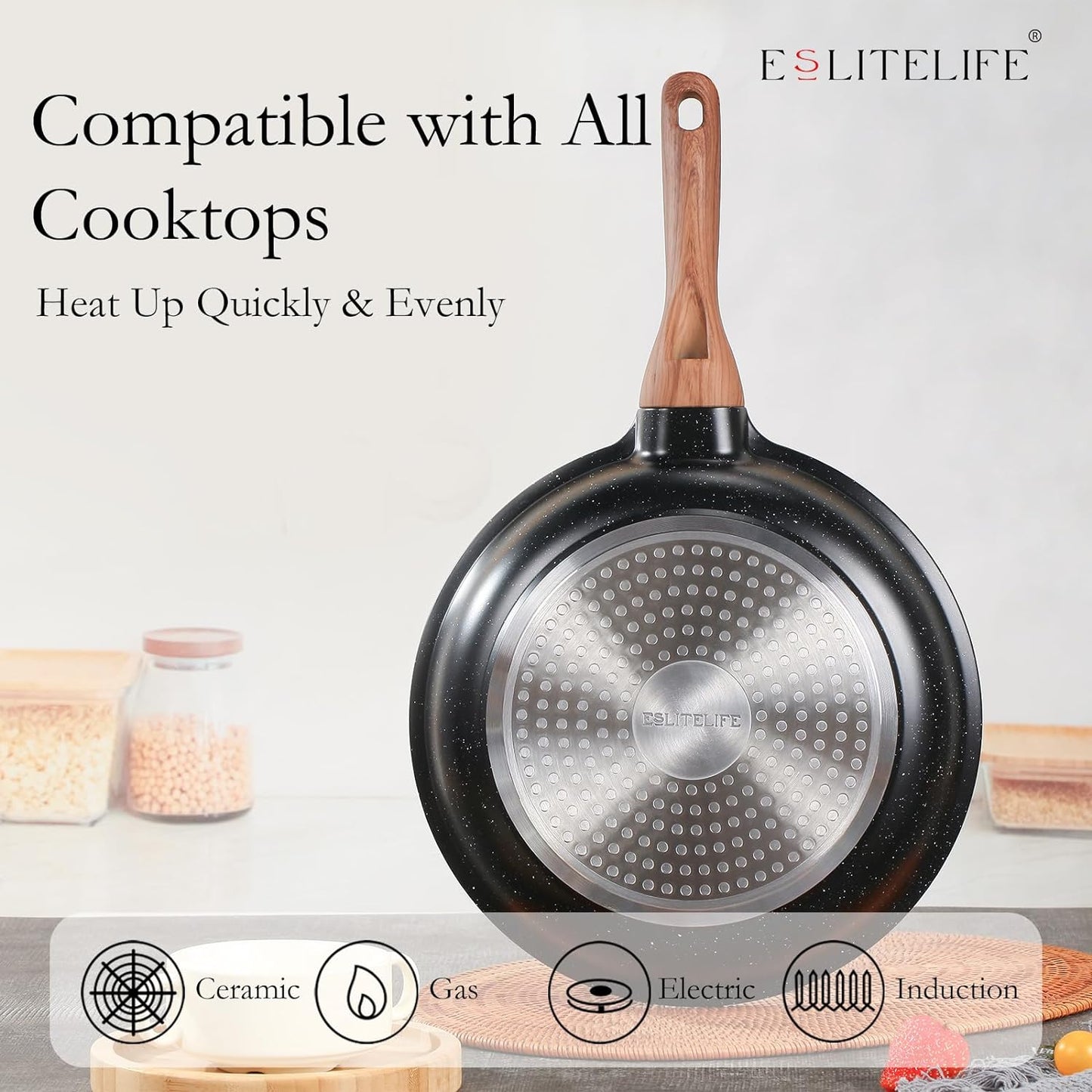 ESLITE LIFE Nonstick Ceramic Frying Pan Skillet, Non-Toxic Egg Omelette Kitchen Cooking Pans Compatible with All Stovetops (Gas, Electric & Induction), PTFE & PFOA Free (Black, 8'')