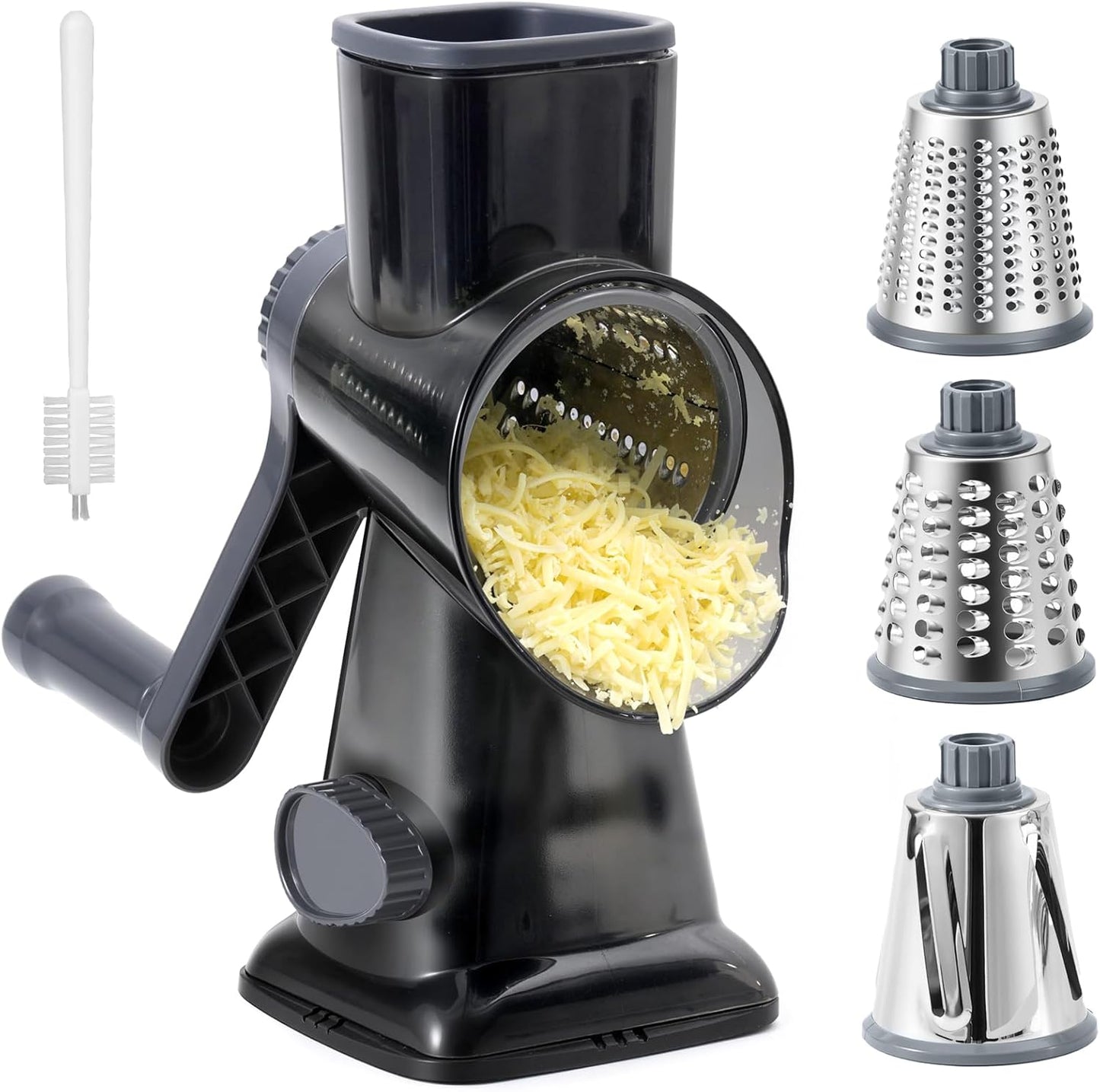 HANSGO Rotary Cheese Grater, Hand Crank Cheese Shredder, Vegetable Slicer for Kitchen, 3 Interchangeable Blades for Potatoes Carrots Onion Zucchini Nuts Chocolate Fruits, Black