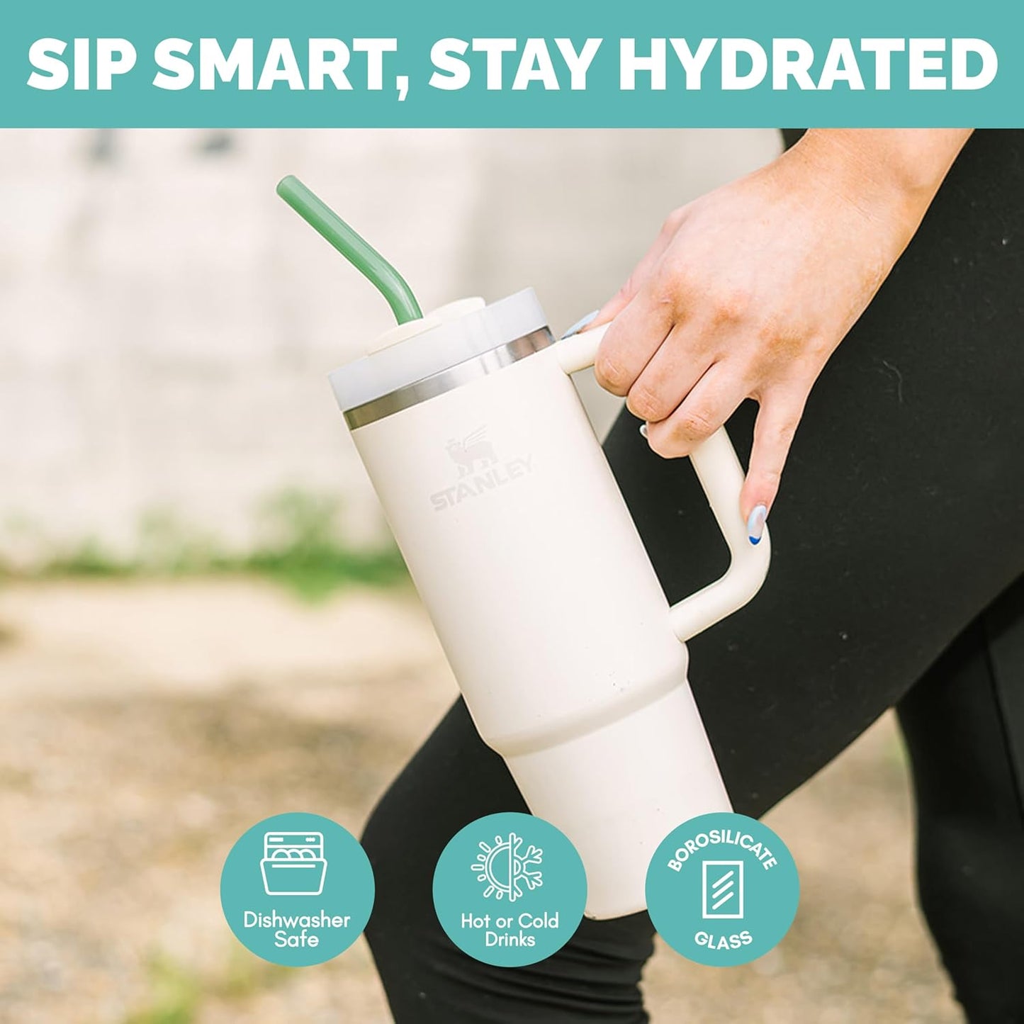 Simply Straws 12 Inch Glass Straws Bent (6-Pack) – Reusable Glass Straws for Stanley 40 Oz Tumbler, with Cleaning Brush – Durable, Dishwasher Safe, Hot & Cold Use, BPA-Free (Air)