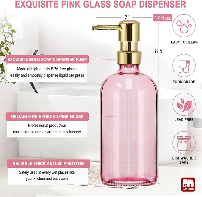 GMISUN Pink Soap Dispenser Bathroom, 1 Pack Glass Dish Soap Dispensers - Image 3