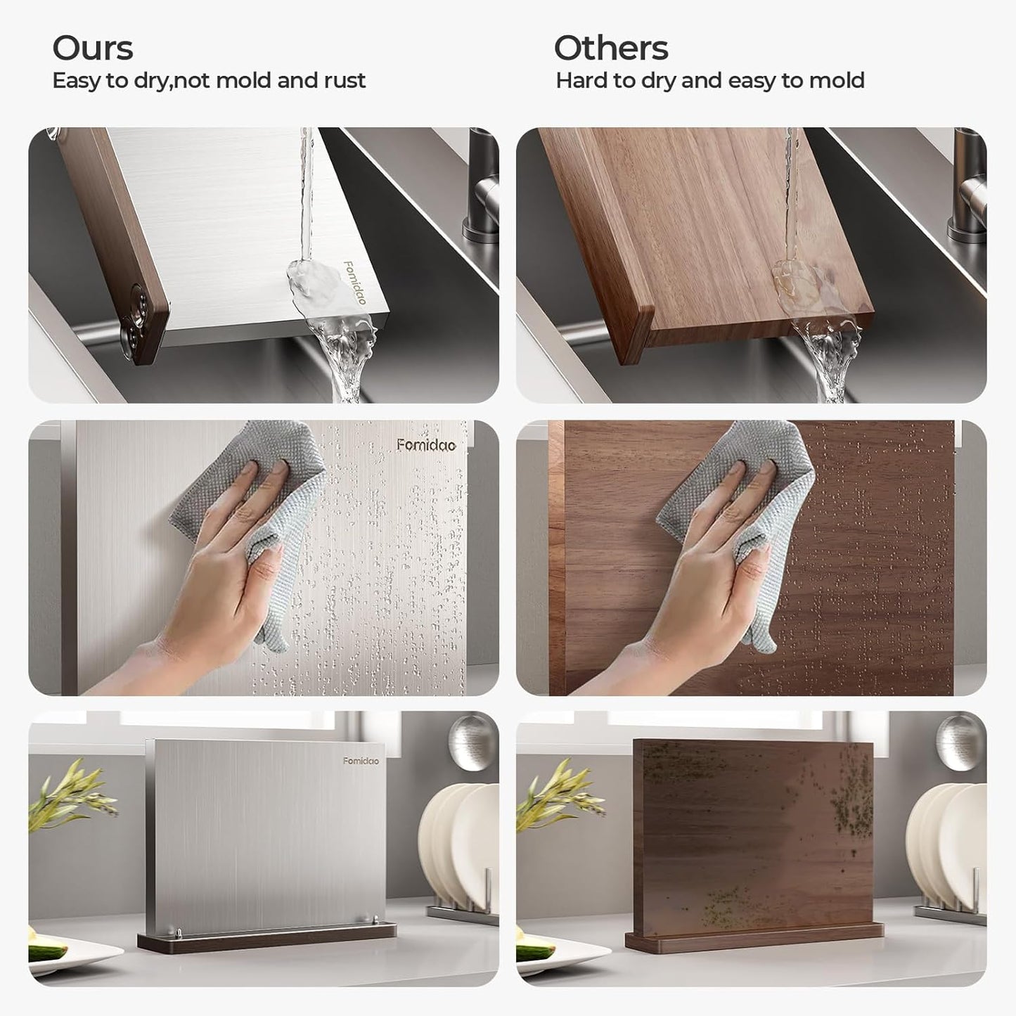 Magnetic Knife Block,Stainless Steel Magnetic Knife Holder Rack for Kitchen Counter,Strong Double Sided Magnet Knife Storage Stand with Wood Base