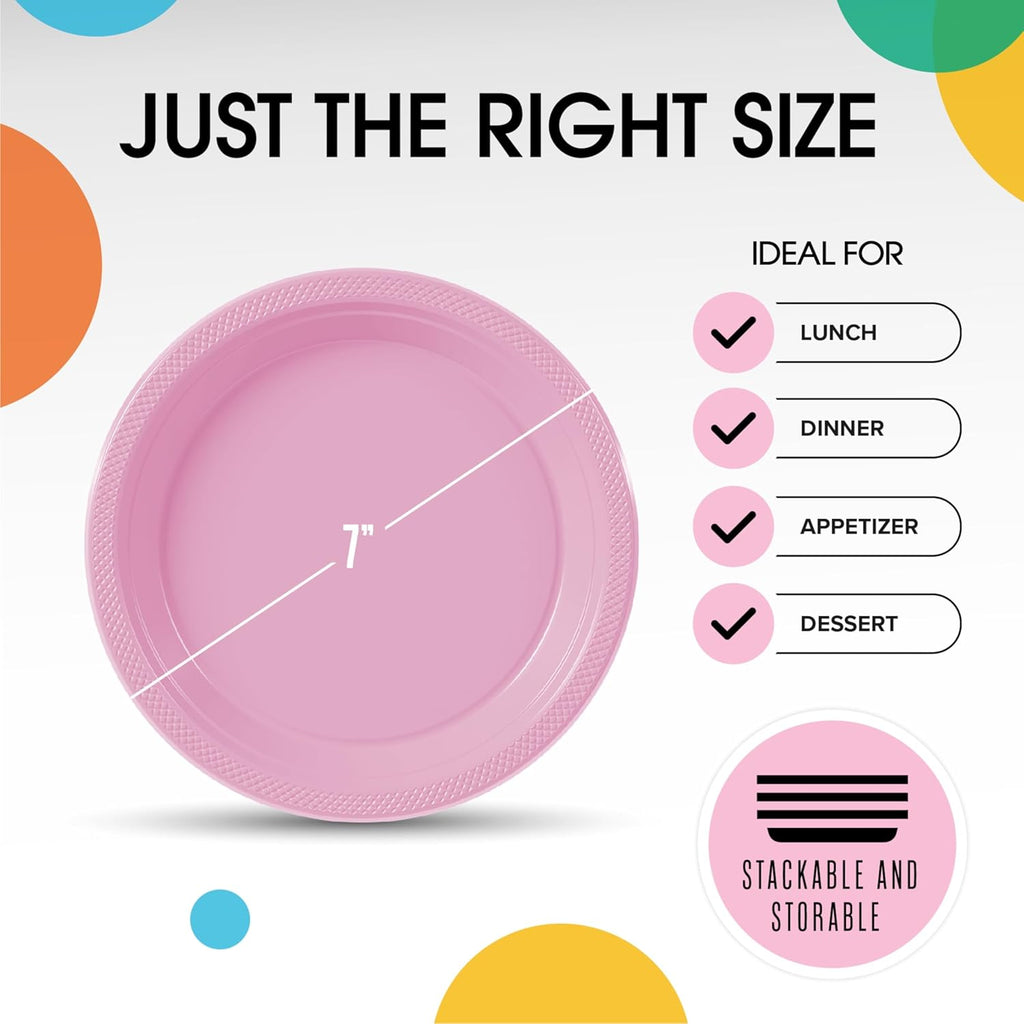 Exquisite Party Solids Pink Plastic Plates For Party 7" Pink Disposable Plates Heavy Duty Supplies 100 Pcs Plastic Dinnerware Sets Heavy Duty 350 GSM Disposable Dinnerware Set