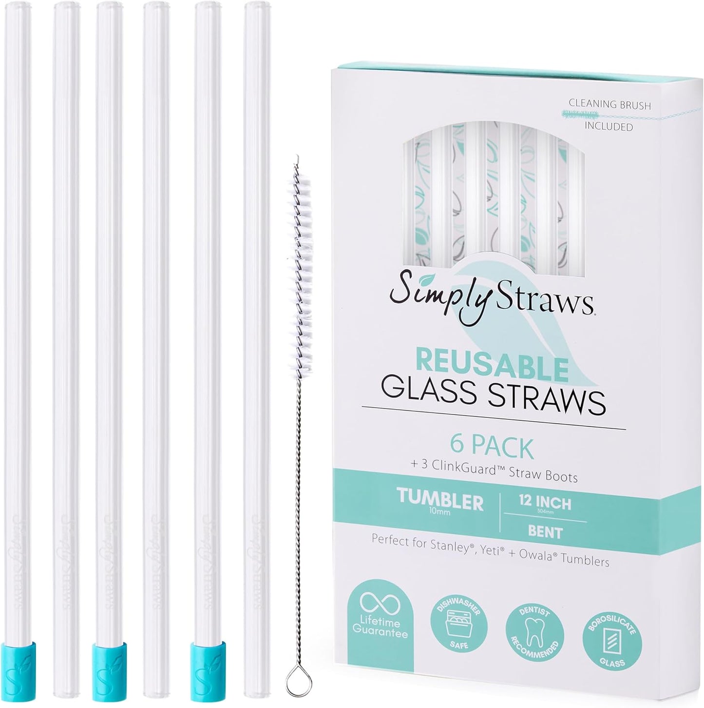 Simply Straws 12 Inch Glass Straws Straight (6-Pack) – Reusable Glass Straws for Stanley 40 Oz Tumbler, with Cleaning Brush – Durable, Dishwasher Safe, Hot & Cold Use, BPA-Free (Air)