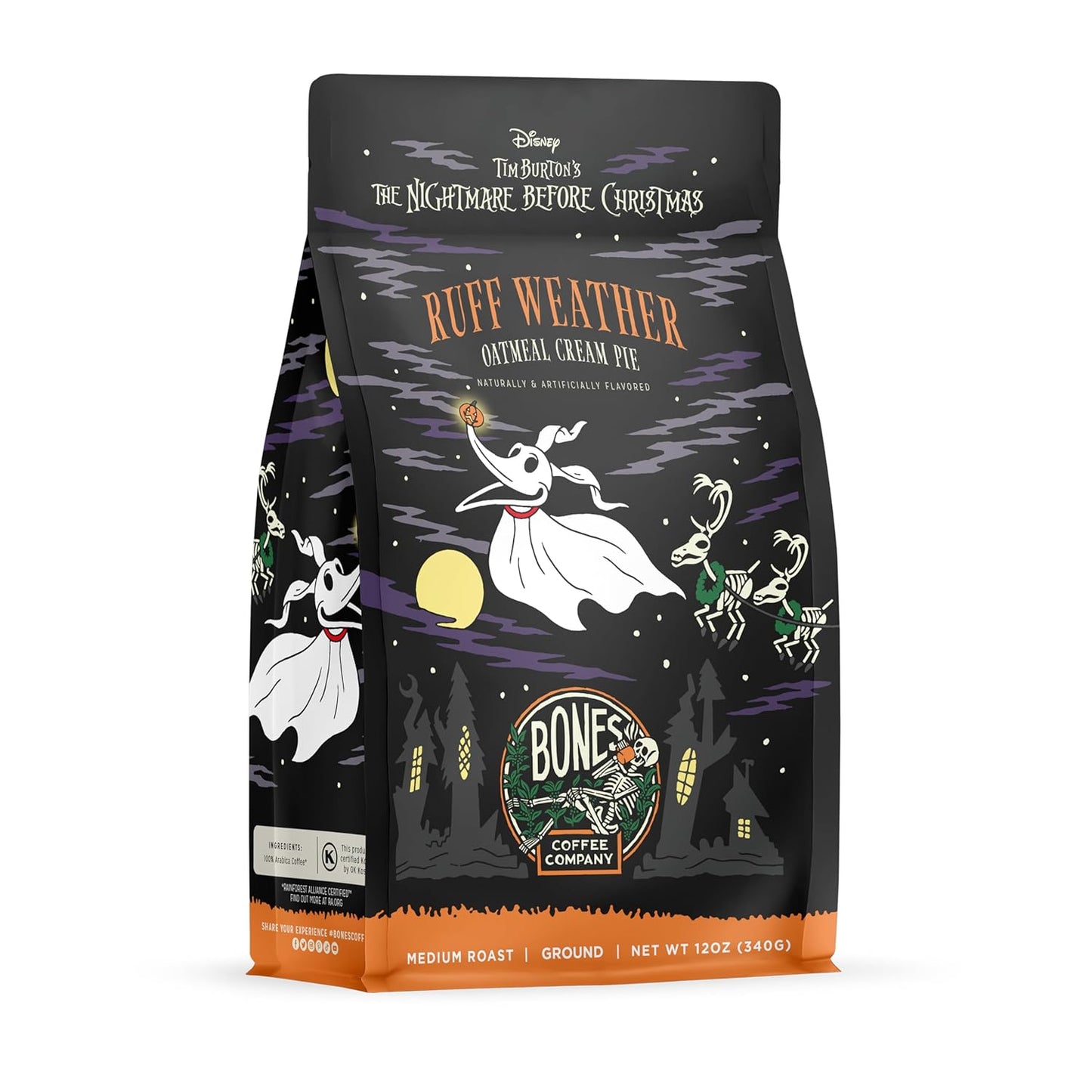 Bones Coffee Company The Nightmare Before Christmas Ruff Weather Flavored Coffee Beans, Medium Roast Ground Coffee Low Acid, Oatmeal Creampie Flavor (12 oz)