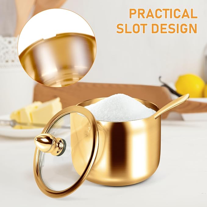 holoith Sugar Container with Glass Lid and Spoon - 10oz Gold Sugar Bowl - Image 5