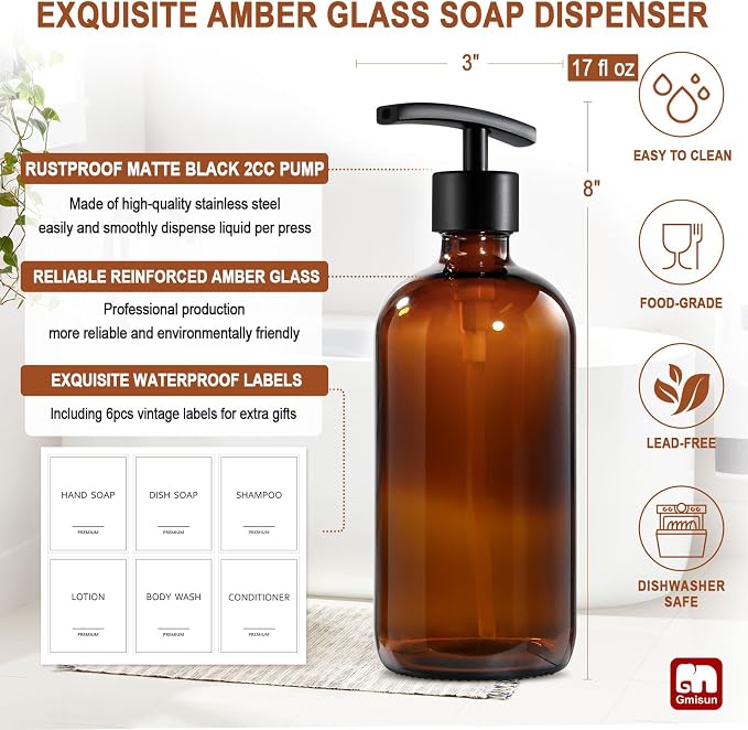 GMISUN Amber Glass Soap Dispenser, 2 Pack Bathroom Hand Soap Dispensers - Image 3