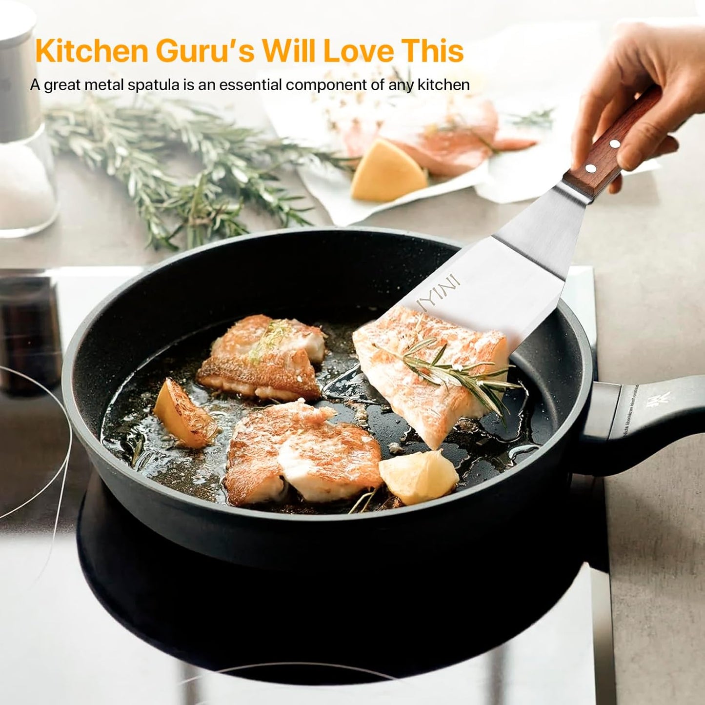 2 Pcs Stainless Steel Spatula Turner for Cast Iron Skillet, Grill Spatula with Wooden Handle, Heavy Duty Pancake Turner Metal