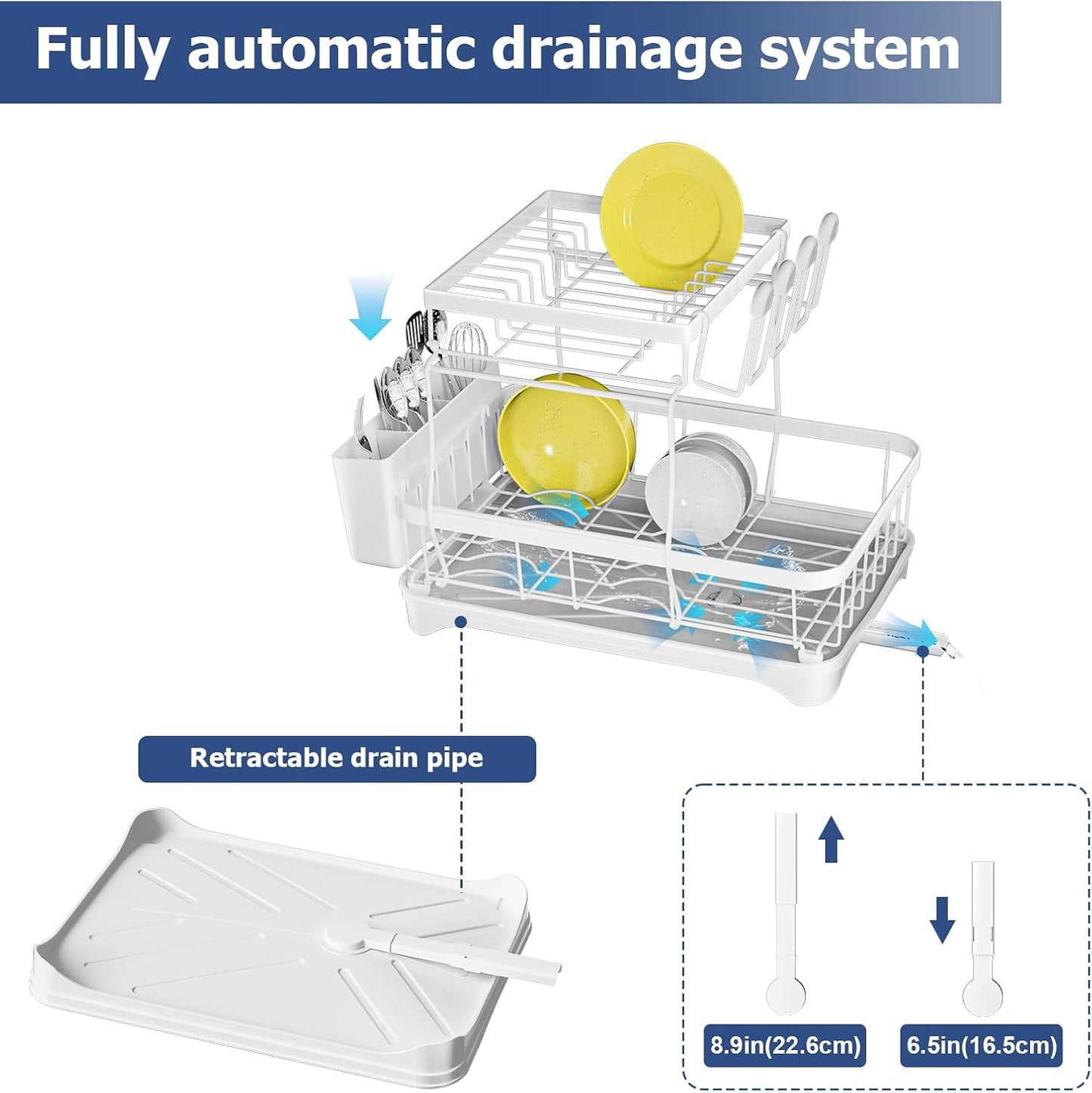 Dish Drying Rack 2-Tier Dish Racks for Kitchen Counter, Adjustable Spout Auto-Draining Dish Rack, Large Capacity for Plates, Bowls, Cups, Tableware，Dish Drainer with Drainboard,White
