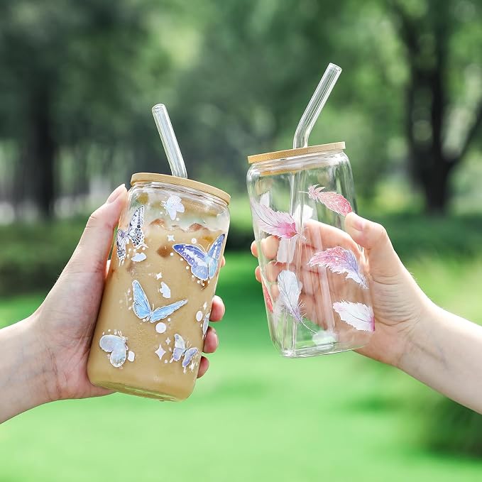 2 Pack Glass Cups with Bamboo Lids and Straws 16 oz, Gifts - Image 2