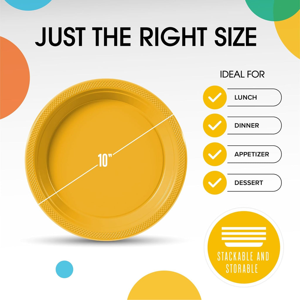 Exquisite Party Solids Yellow Plastic Plates For Party 10" Yellow Disposable Plates Heavy Duty Supplies 100 Pcs Plastic Dinnerware Sets Heavy Duty 350 GSM Disposable Dinnerware Set